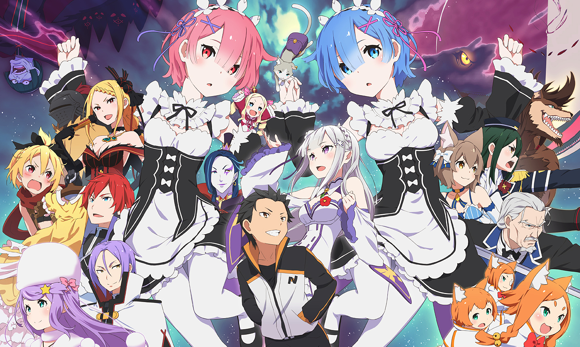 Rem and Ram, Subaru Natsuki, Emilia, Beatrice and Puck, Re:Zero anime cast, HD Desktop wallpaper