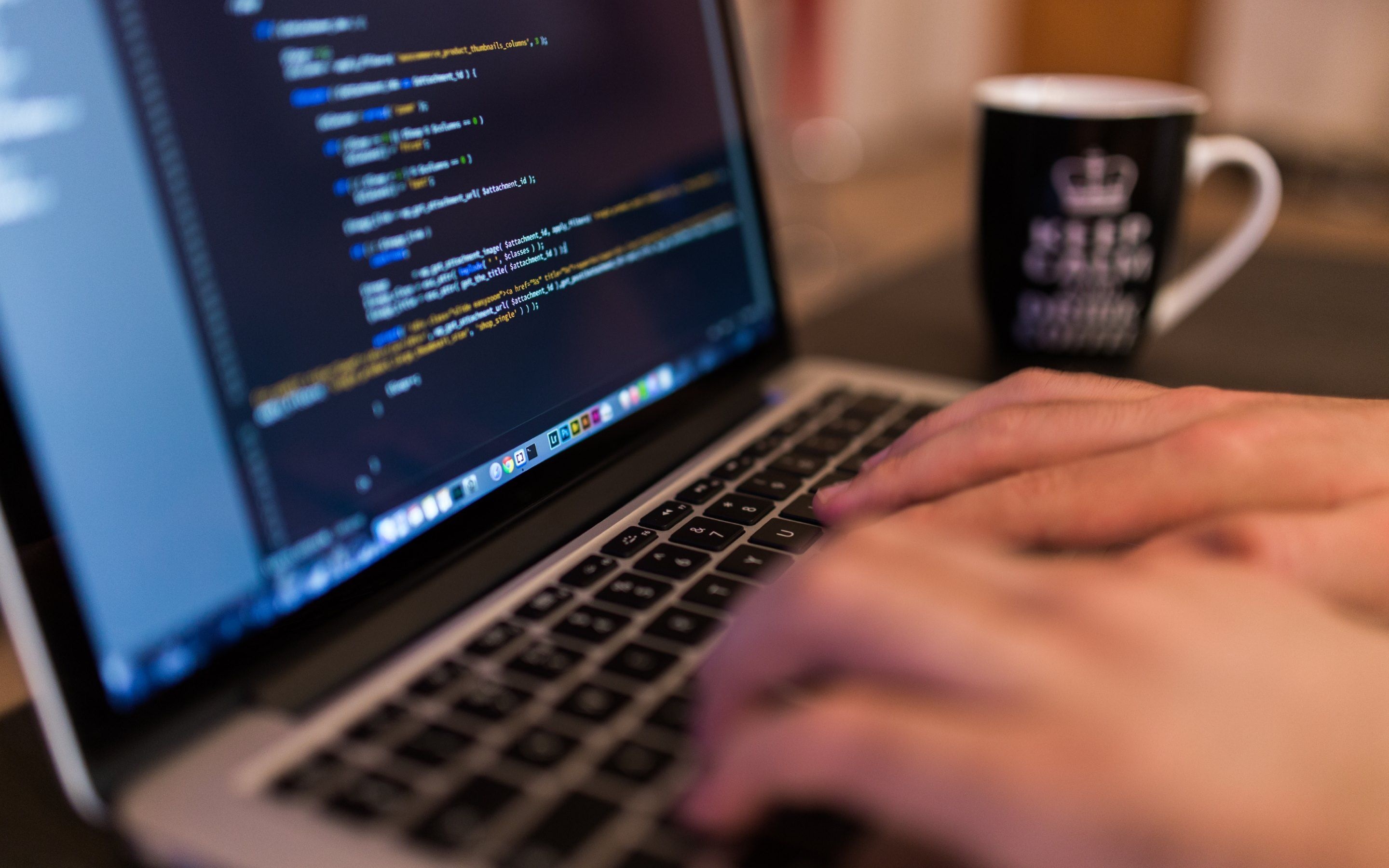 black Keep Calm mug, source code on screen, hands typing on keyboard, HD Desktop wallpaper