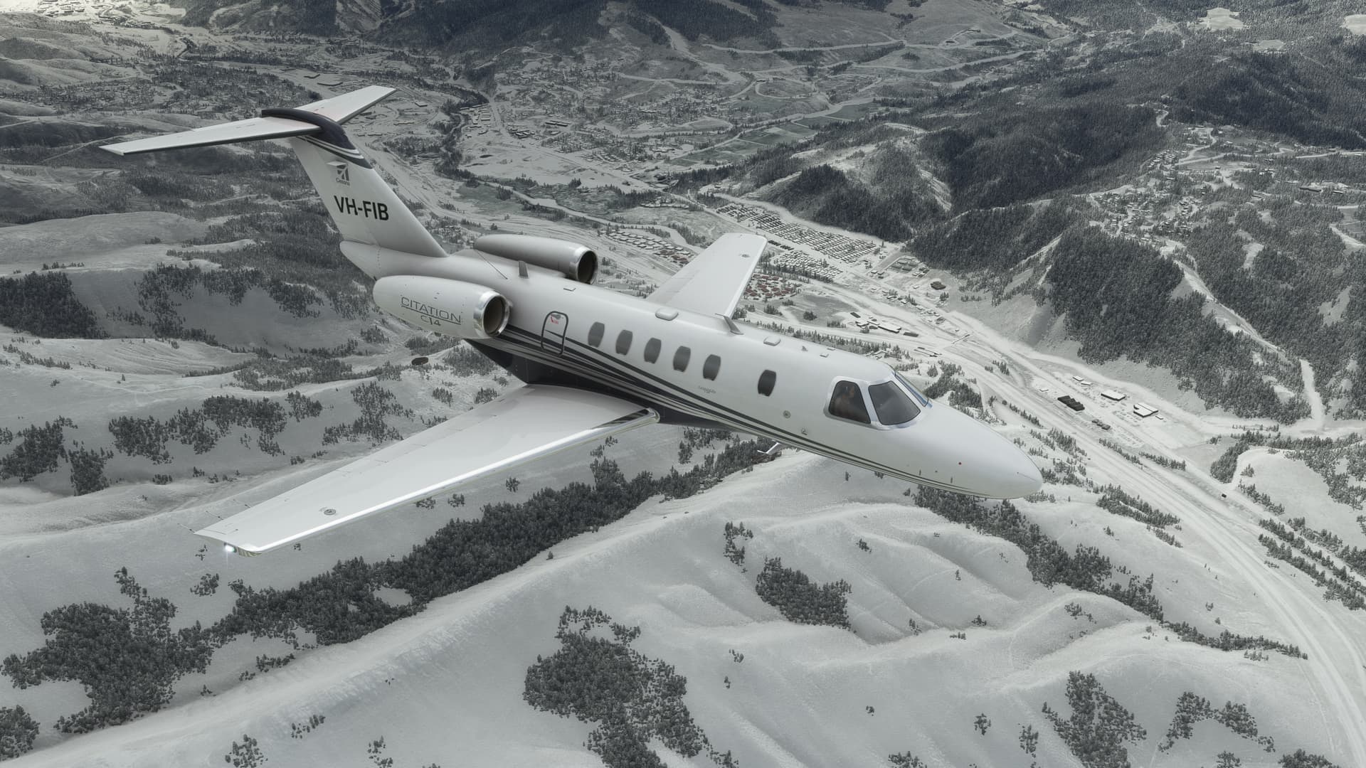 Cessna Citation CJ4, Snowy mountain valley, Aerial flight view, Full HD Desktop wallpaper