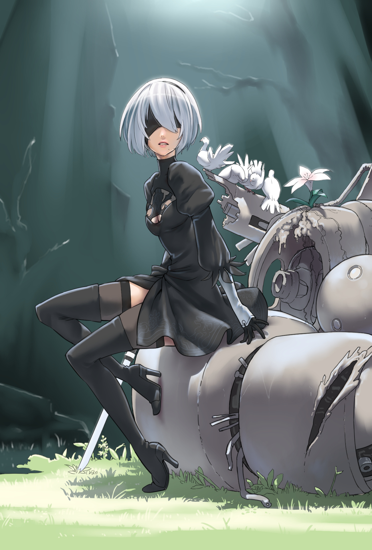 2B from NieR: Automata, Lunar Tear flower, Ruined machine lifeform, HD Phone wallpaper