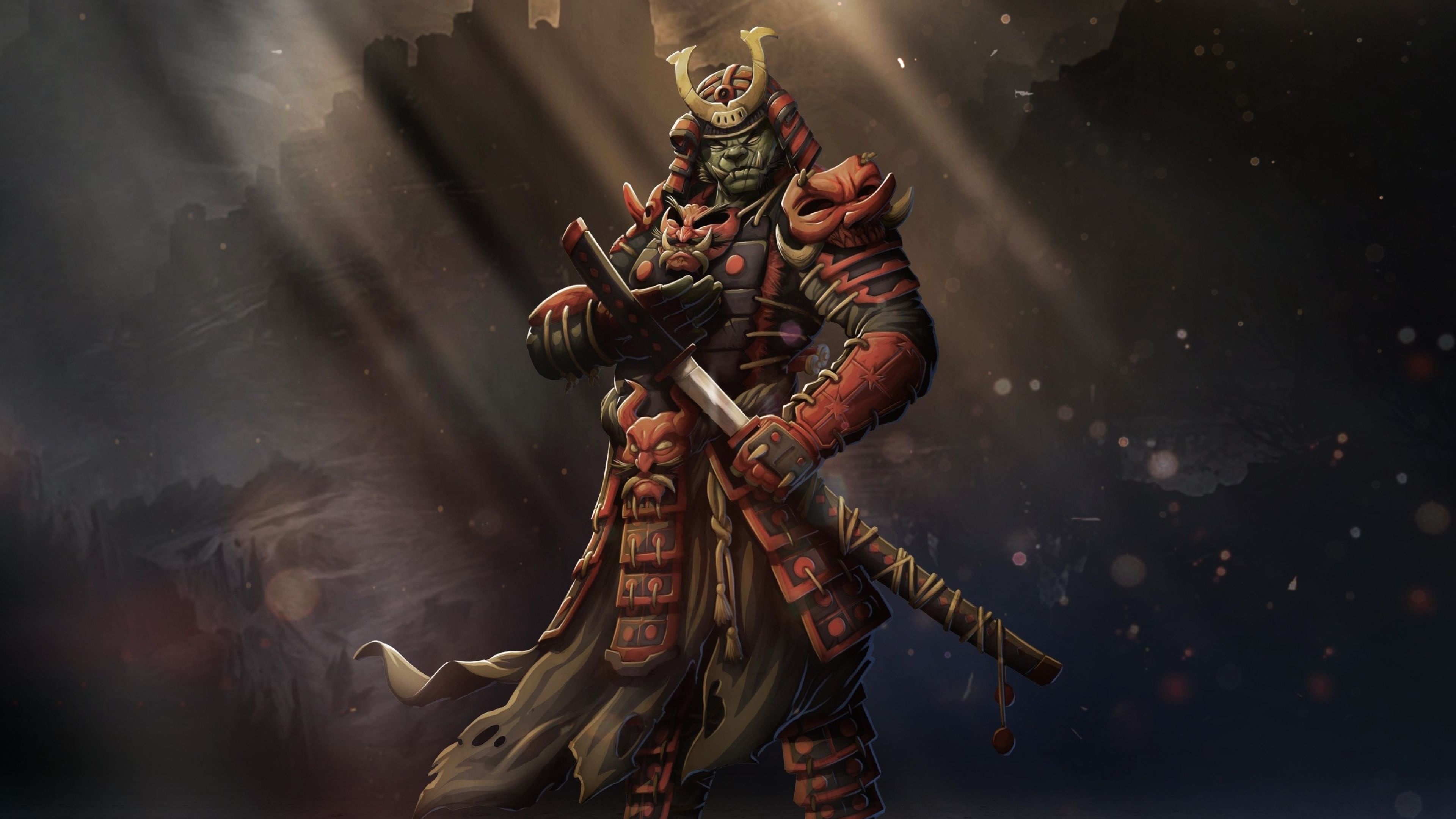 orc samurai warrior, red oni samurai armor, patterned katana scabbard, 4K Desktop wallpaper