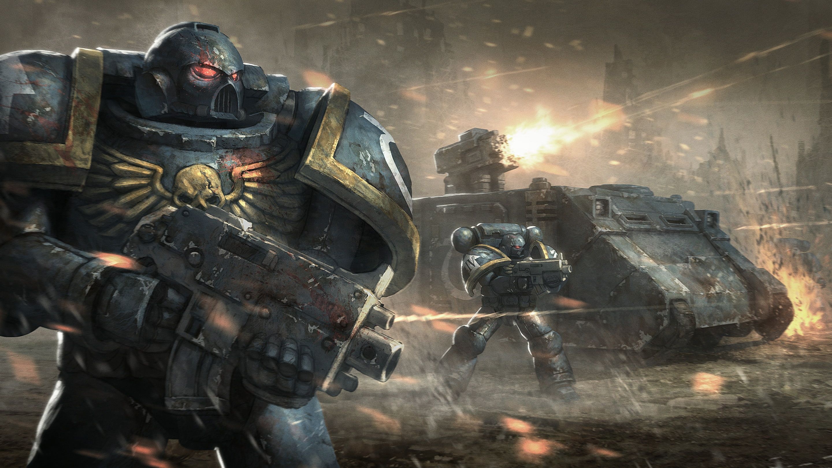 Ultramarines Space Marine, Space Marine Razorback tank, Warhammer 40,000 battlefield, HD Desktop wallpaper