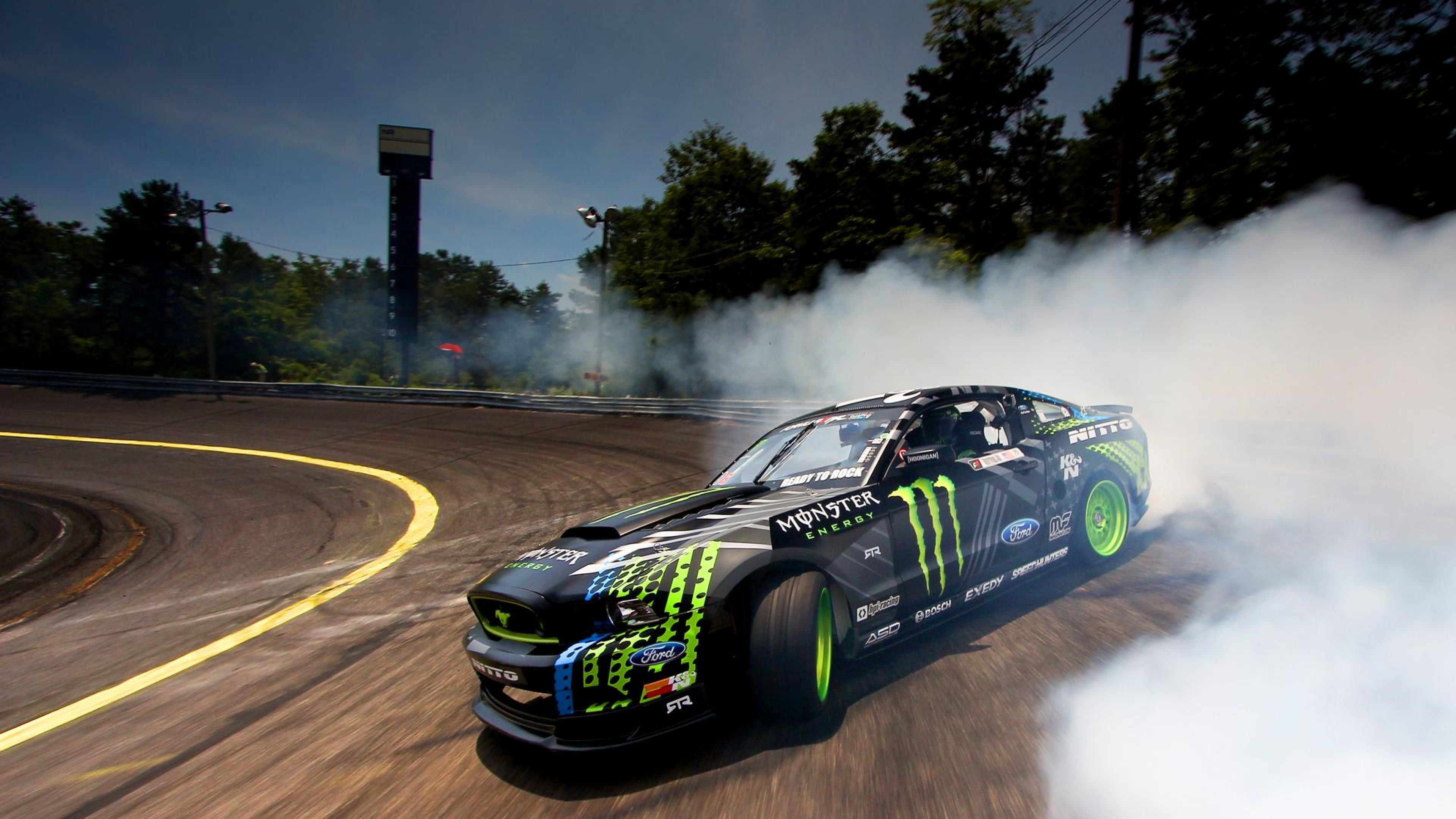 Ford Mustang RTR drift car, Monster Energy livery, burning tire smoke, 4K Desktop wallpaper