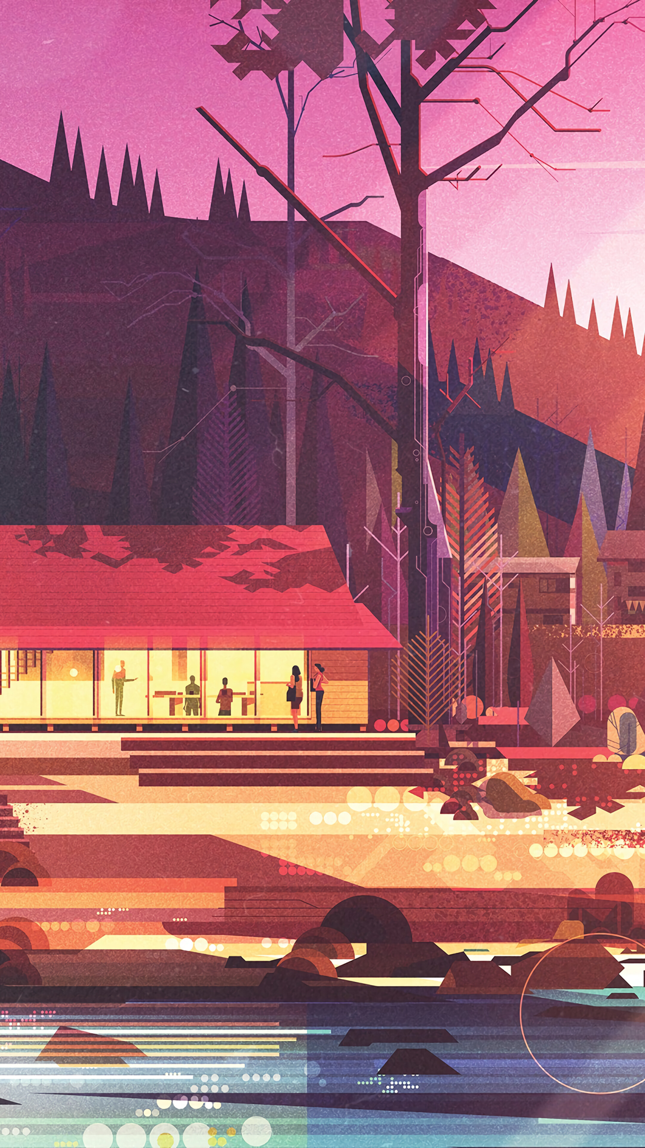 illuminated modern cabin, geometric pine forest, abstract rocky shoreline, 4K Phone wallpaper