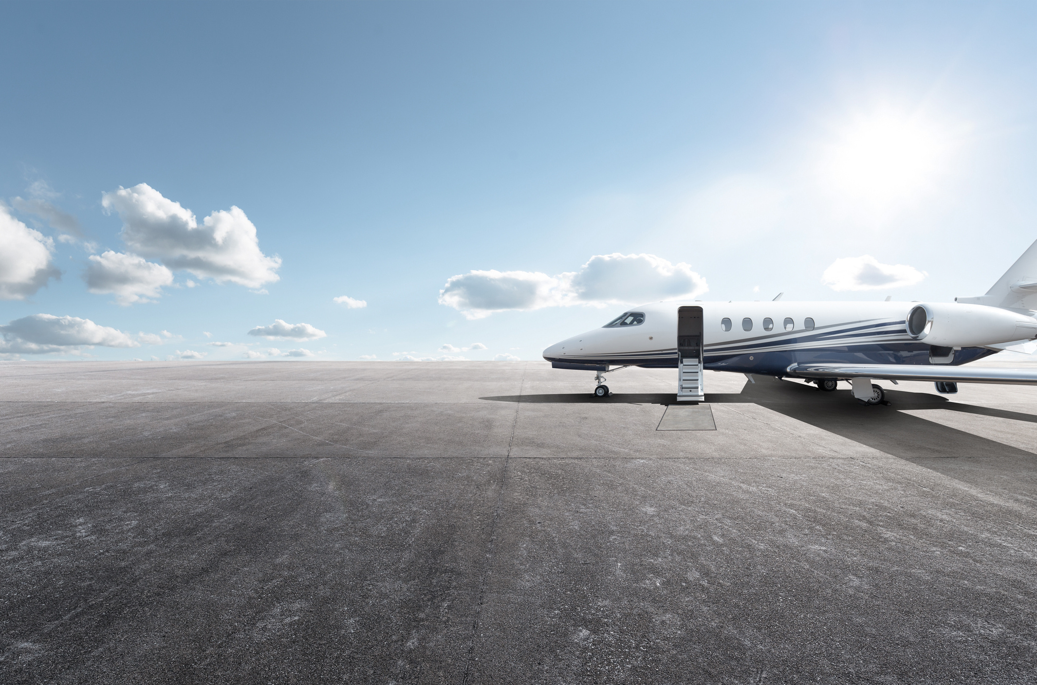Parked private business jet, Open airstair passenger door, Concrete airport apron, HD Desktop wallpaper