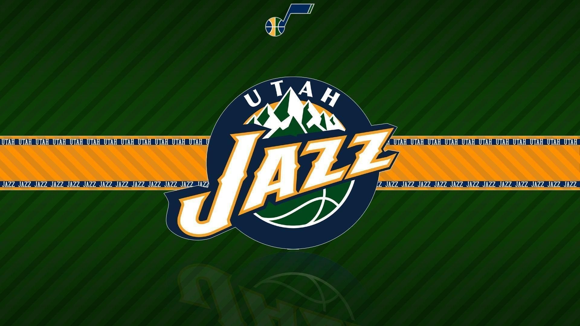 Utah Jazz logo, Wasatch mountain roundel emblem, Green pinstriped backdrop, Full HD Desktop wallpaper