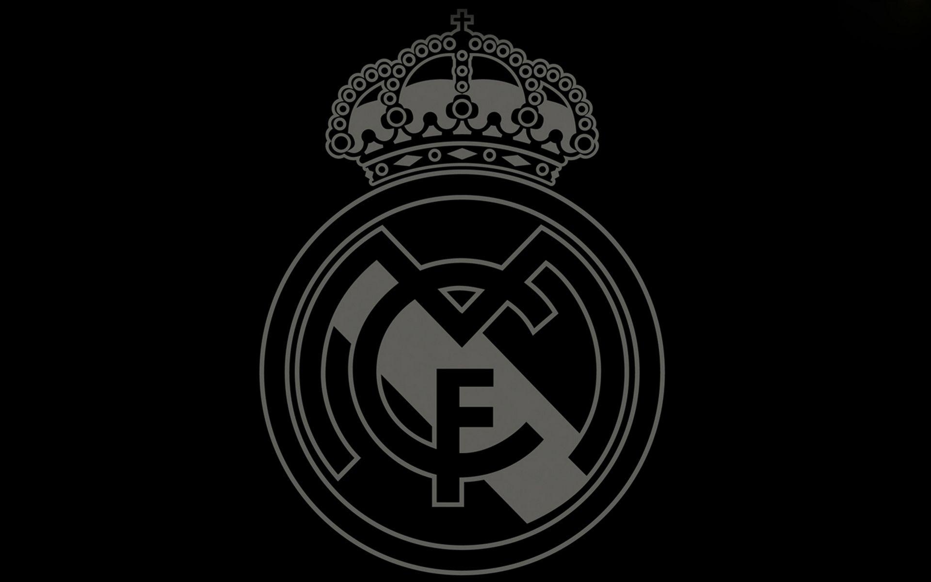 Real Madrid CF crest, monochrome royal crown, black minimalist outline, HD Desktop wallpaper