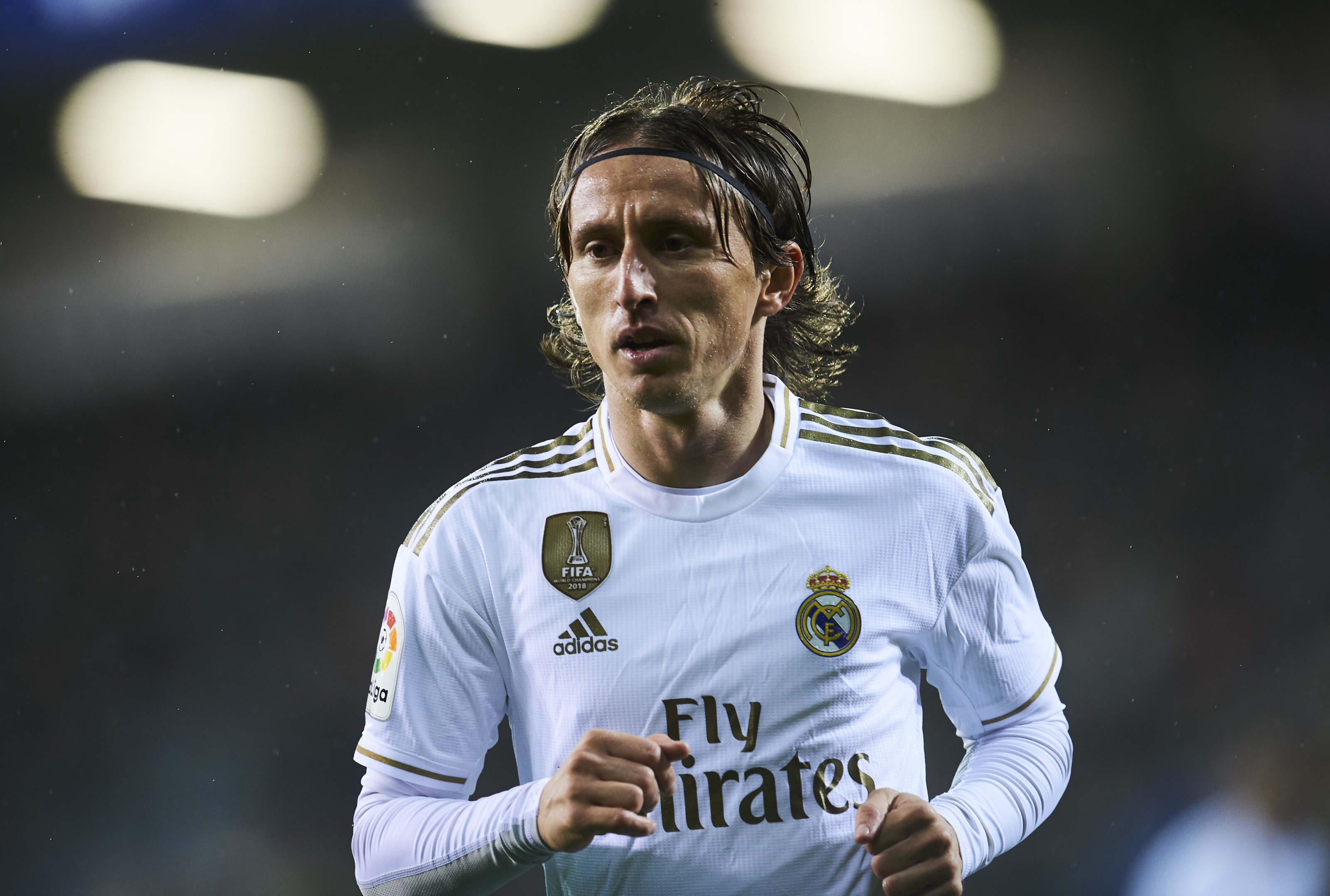 Luka Modric, Real Madrid home jersey, Stadium floodlight bokeh, HD Desktop wallpaper