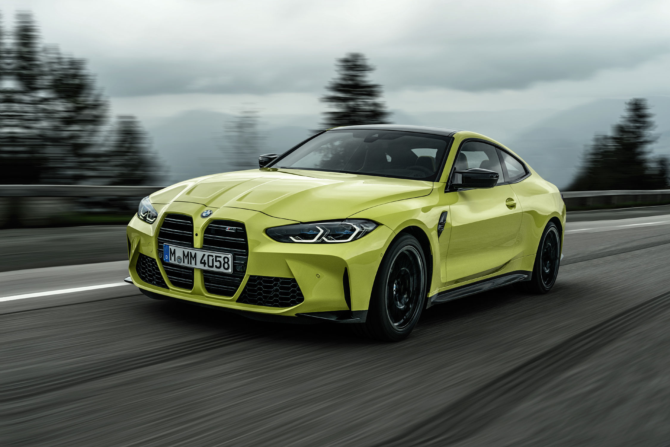 BMW M4 Competition Coupe, Sao Paulo Yellow paint, Mountain road motion blur, HD Desktop wallpaper