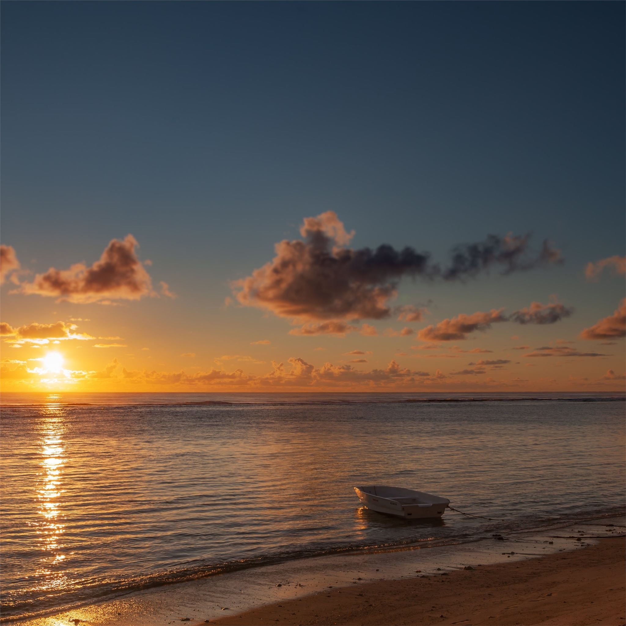 Small moored rowboat, Golden ocean sunset reflection, Sandy beach shoreline, HD Phone wallpaper