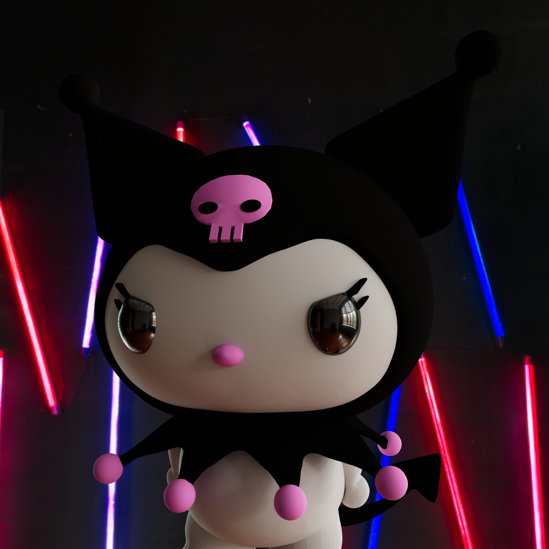 Kuromi figurine, pink skull emblem, neon tube lights, HD Phone wallpaper