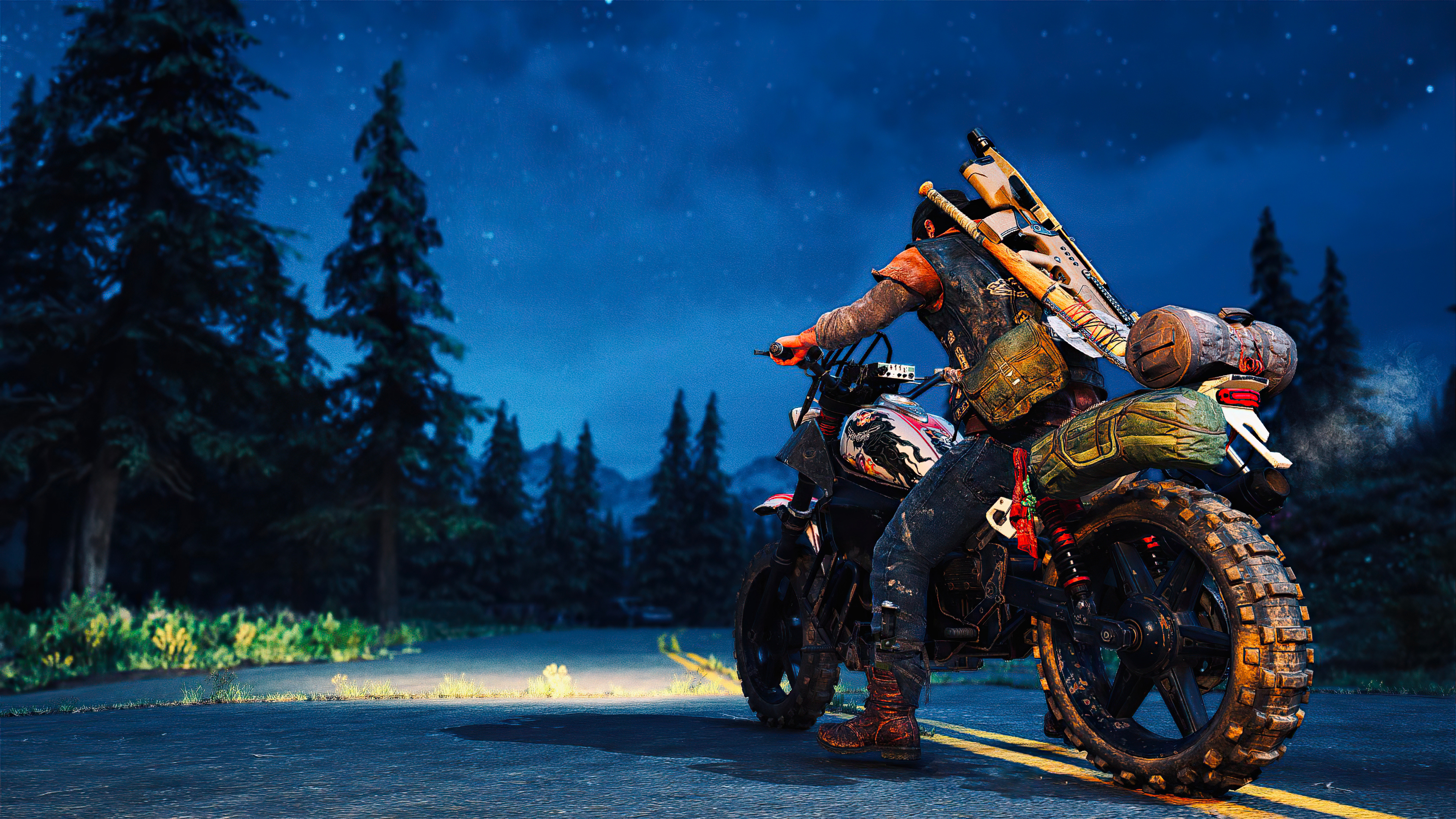 Deacon St. John, Days Gone Drifter bike, nighttime forest highway, 4K Desktop wallpaper