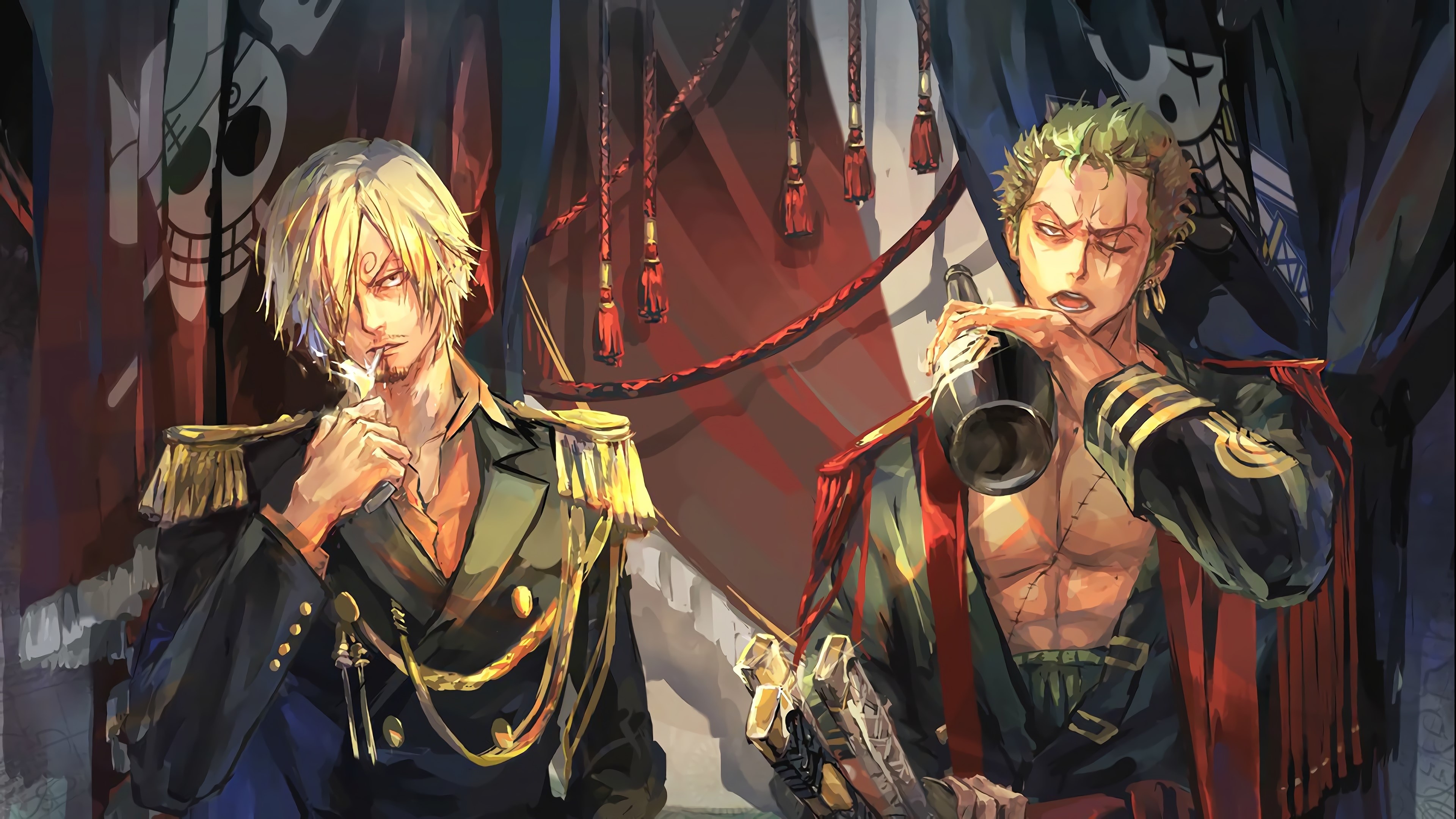 Roronoa Zoro, Vinsmoke Sanji, Straw Hat jolly roger, 4K Desktop wallpaper
