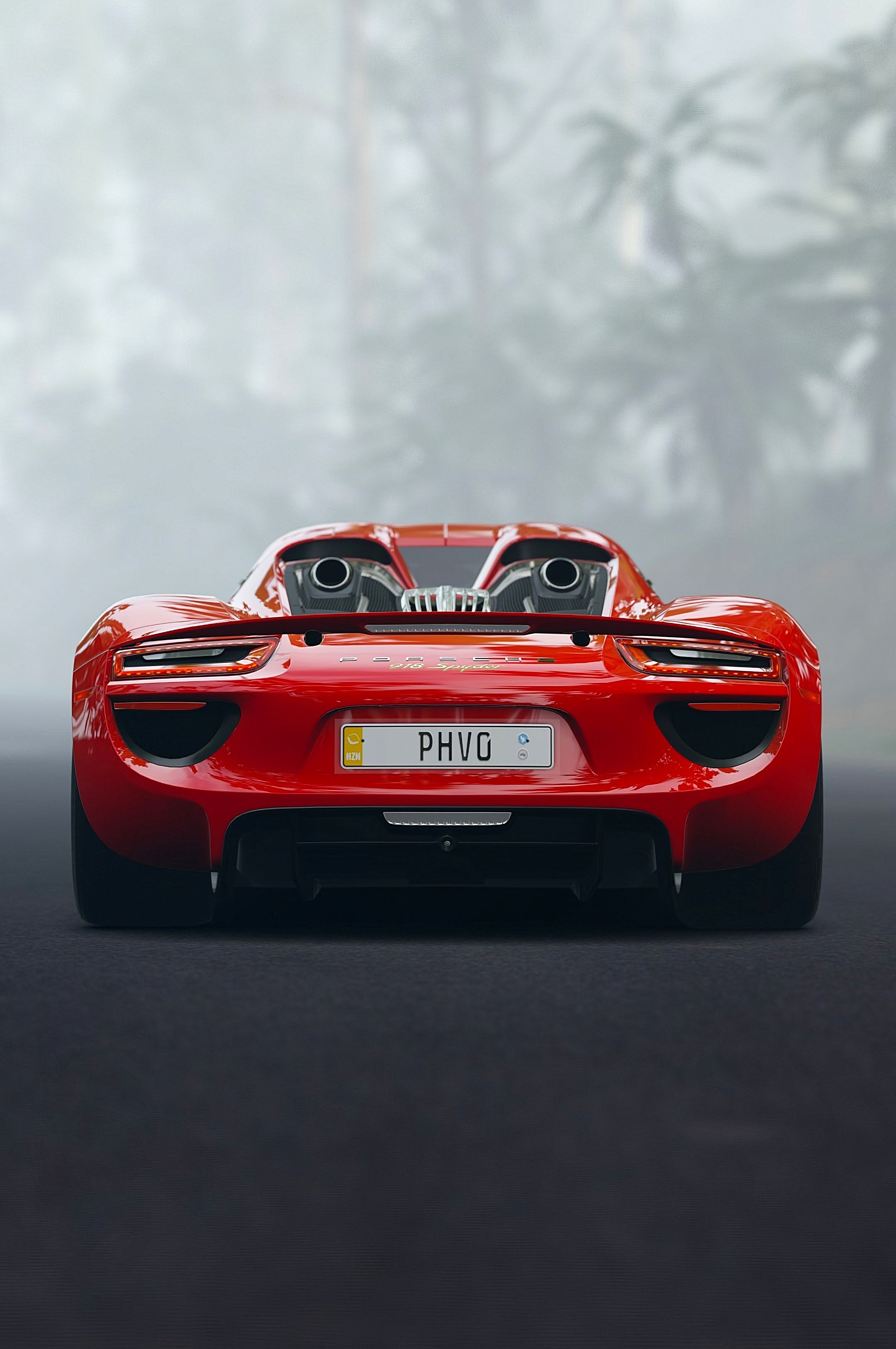 Porsche 918 Spyder, Top-exit exhaust pipes, Foggy forest road, HD Phone wallpaper