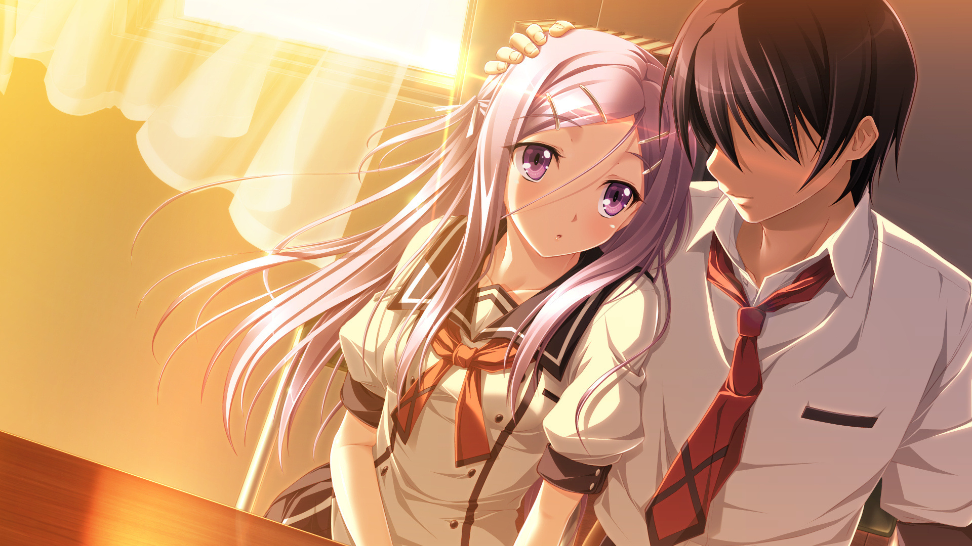 lavender-haired anime schoolgirl, dark-haired anime schoolboy, warm sunset classroom window, Full HD Desktop wallpaper
