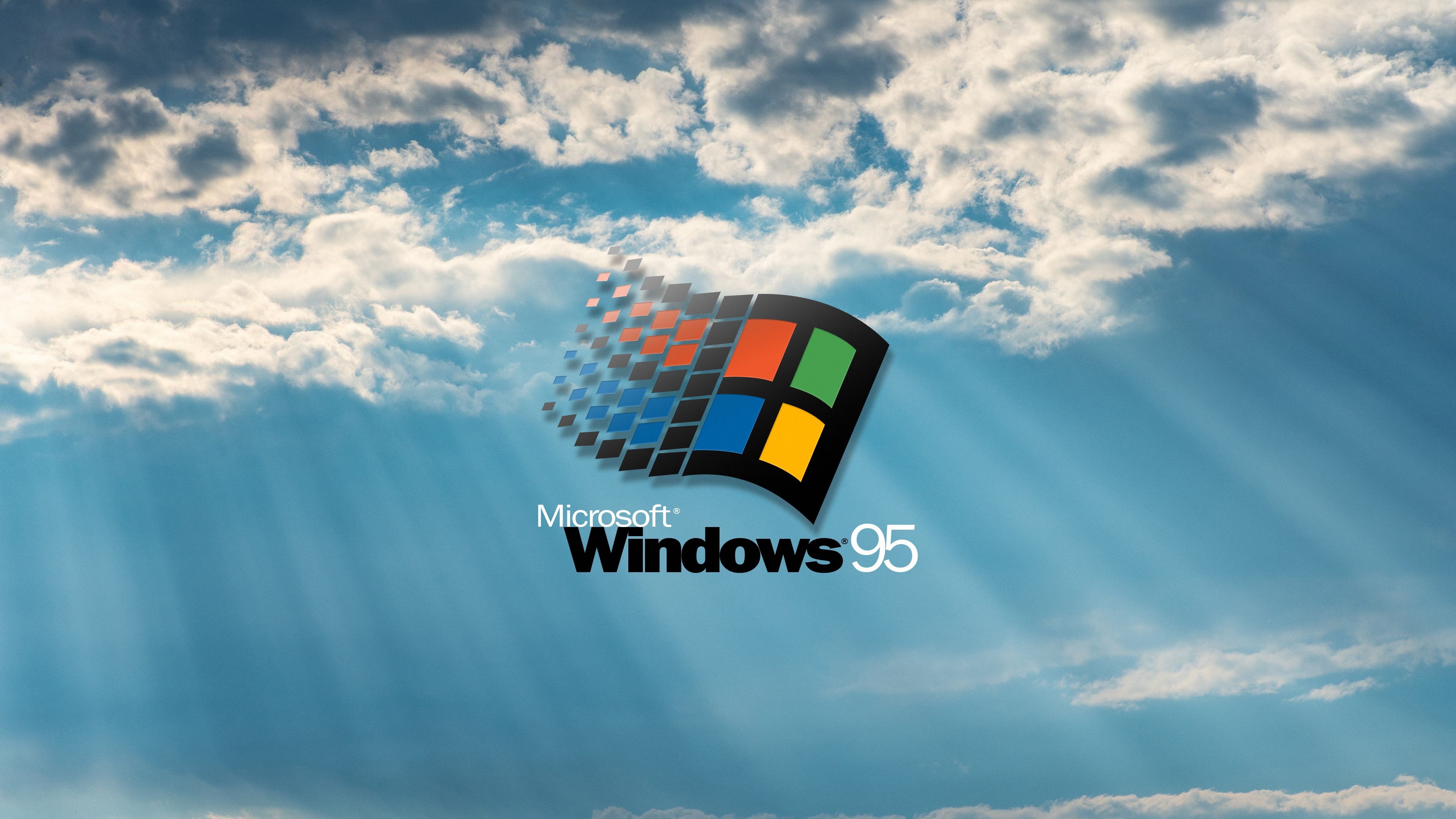 Microsoft Windows 95 logo, crepuscular sun rays, cumulus clouds blue sky, 4K Desktop wallpaper