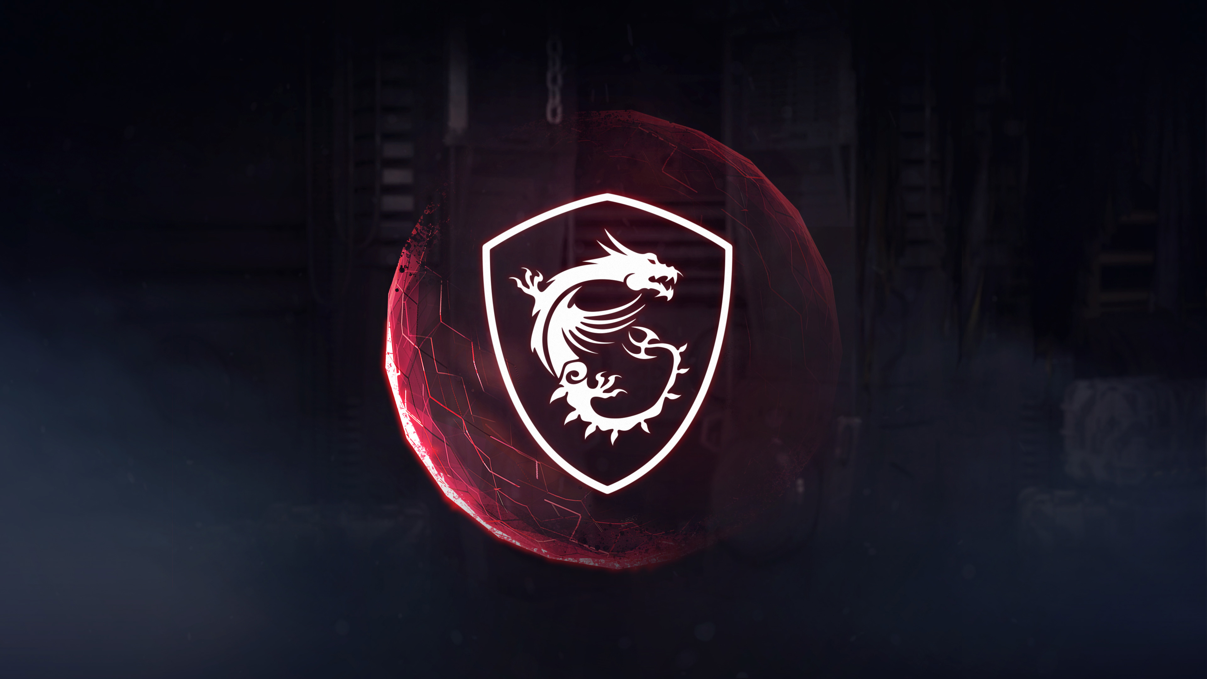 MSI dragon shield logo, glowing red geometric sphere, dark misty industrial background, 4K Desktop wallpaper