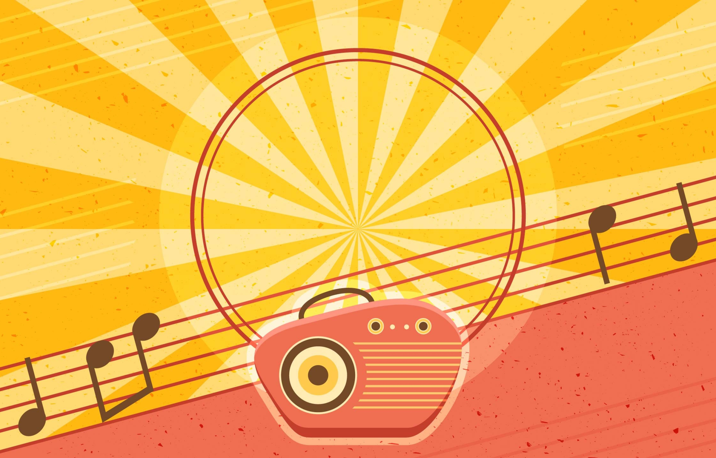 Vintage transistor radio illustration, Musical staff with notes, Yellow sunburst pattern backdrop, HD Desktop wallpaper