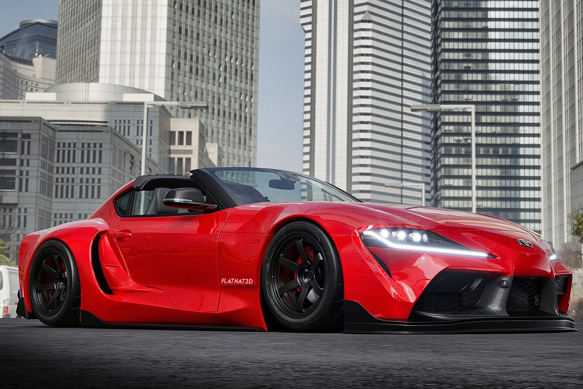widebody Toyota GR Supra, FLATHAT3D, city skyscrapers, HD Desktop wallpaper