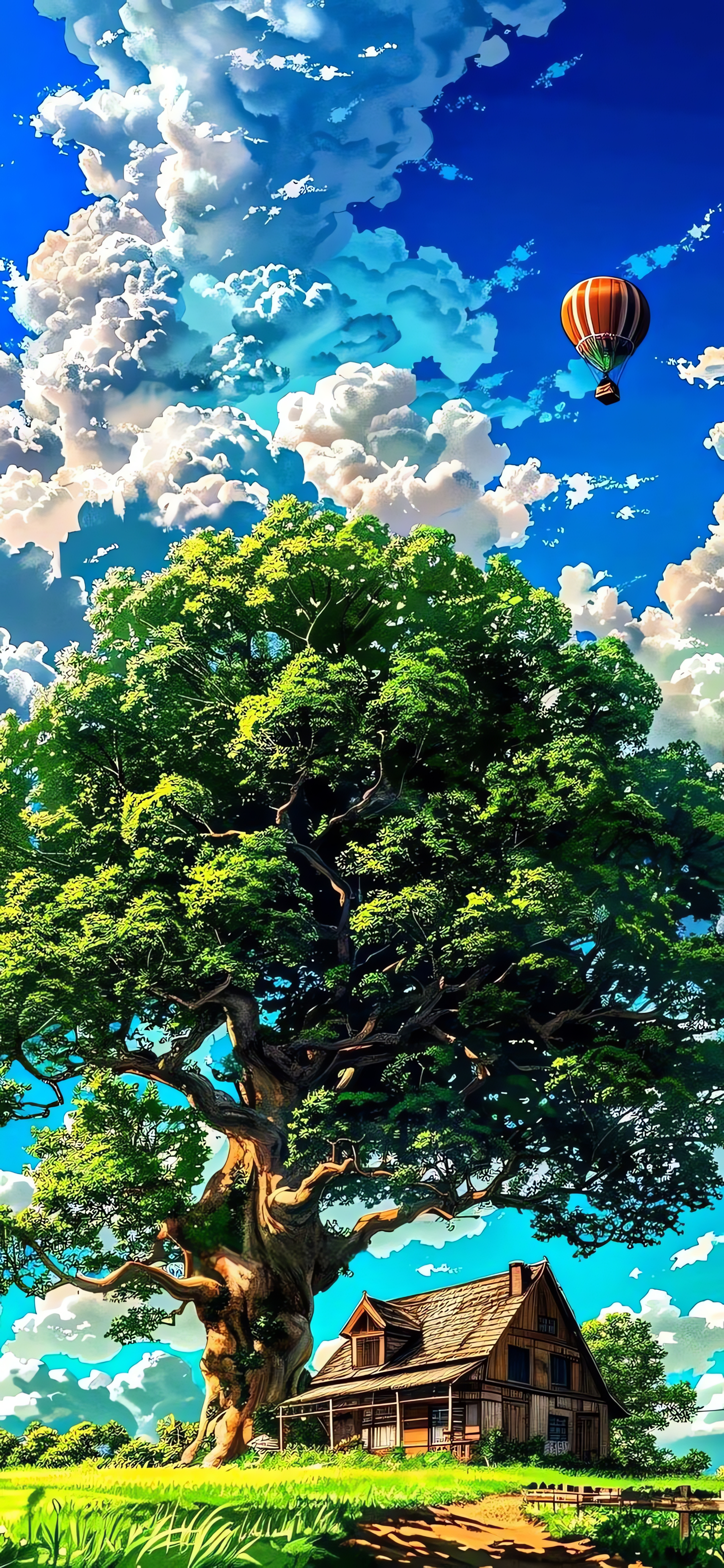 Picturesque Clouds, Giant Tree, Wooden House, Parachute, 4K Wallpaper