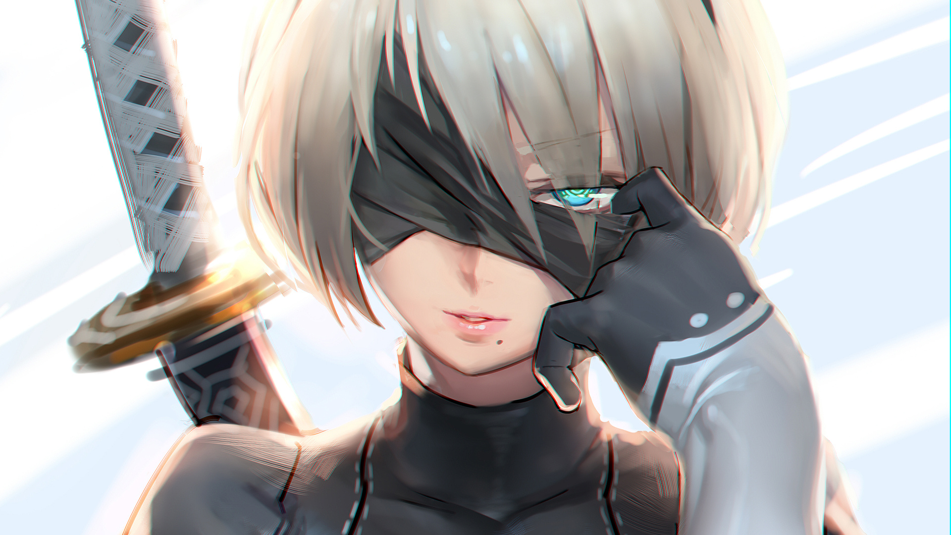 2B (NieR:Automata), Virtuous Contract katana, YoRHa blindfold visor, Full HD Desktop wallpaper