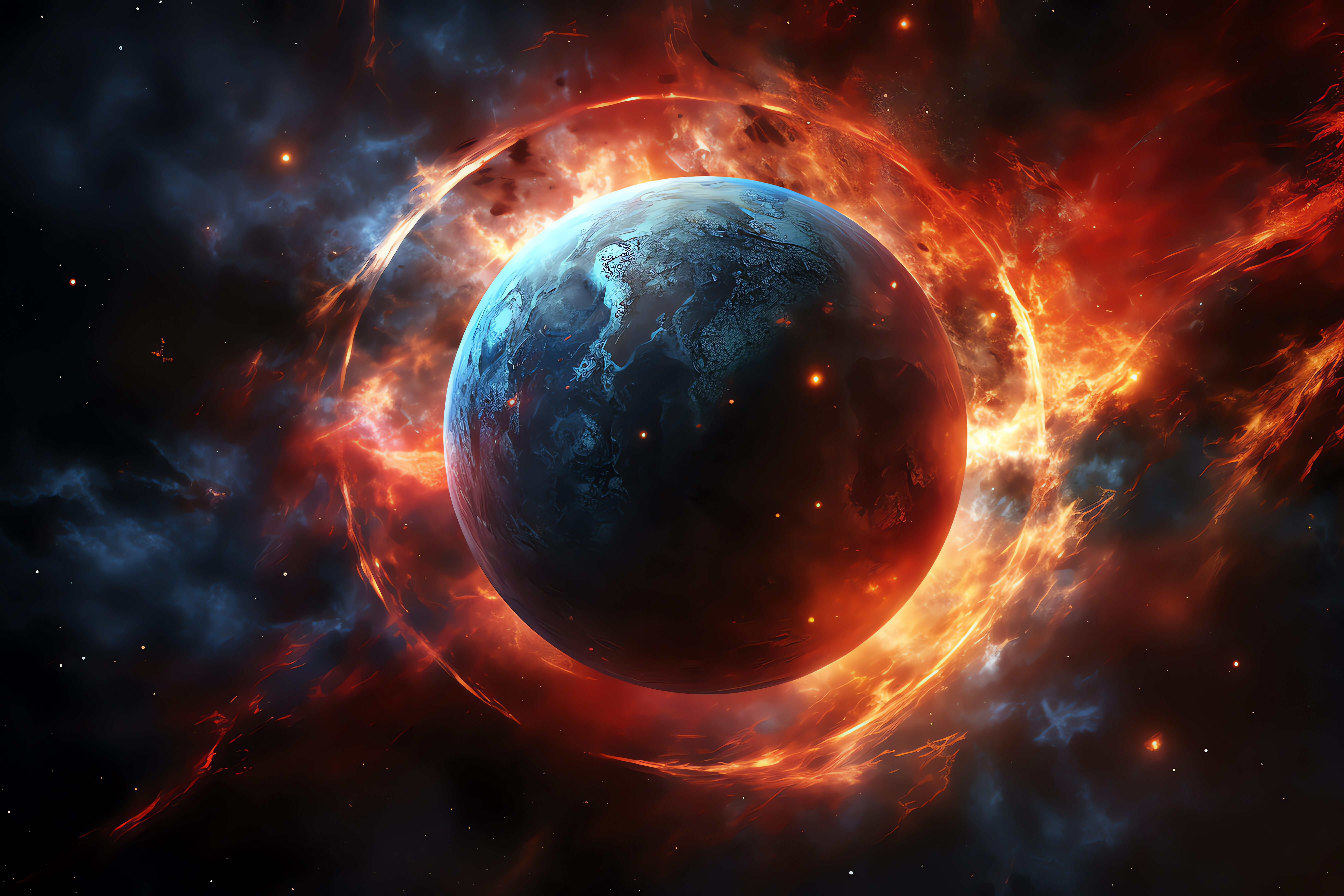 Burning Planet, Fire Ring, Deep Space, 4K Desktop Wallpaper