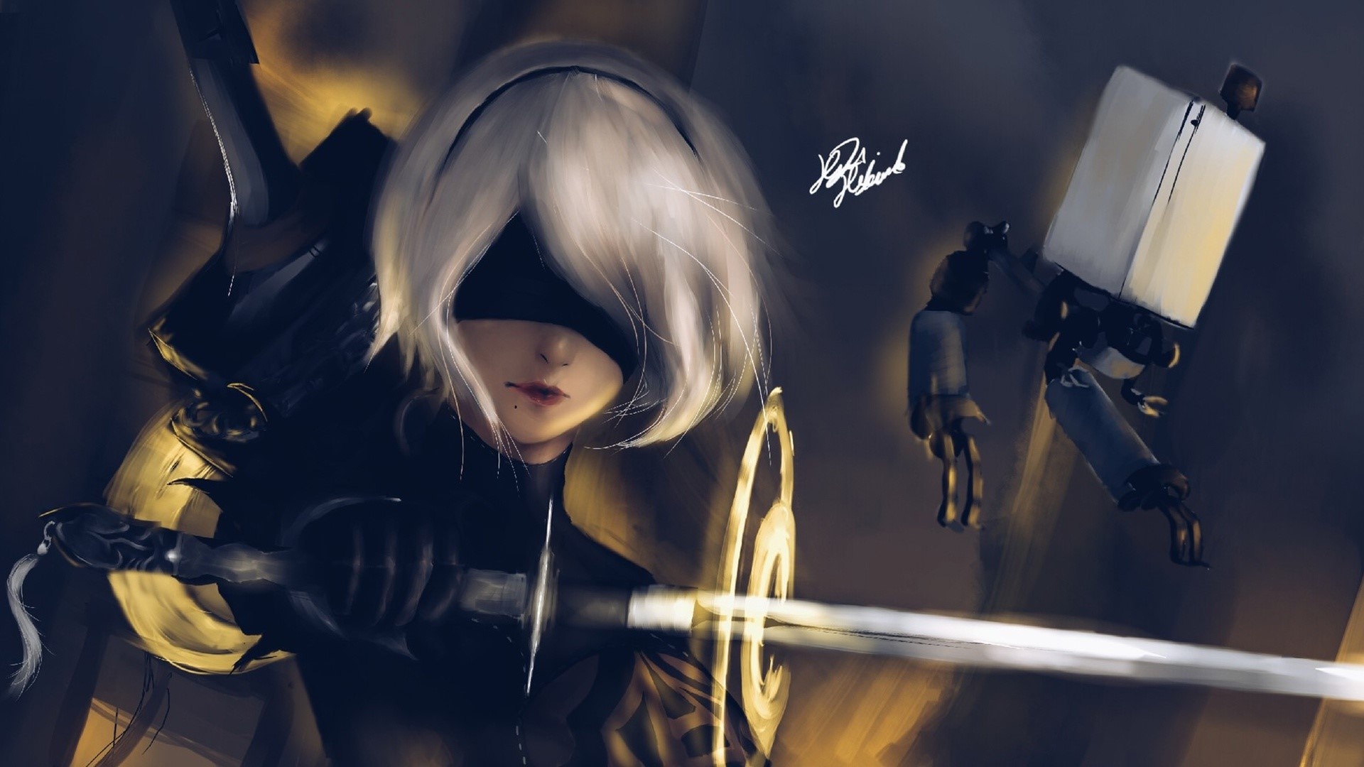 YoRHa No.2 Type B 2B, Pod 042 support unit, Virtuous Contract katana sword, Full HD Desktop wallpaper