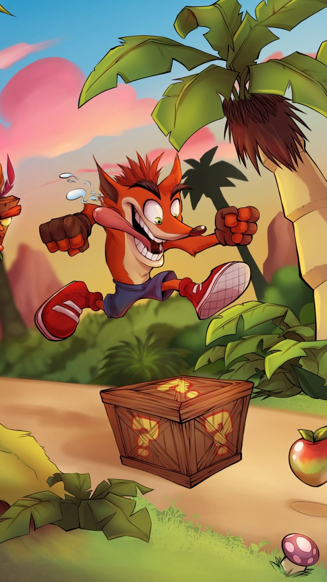 Crash Bandicoot, Question mark crate, Aku Aku mask, Wumpa fruit, Full HD Phone wallpaper