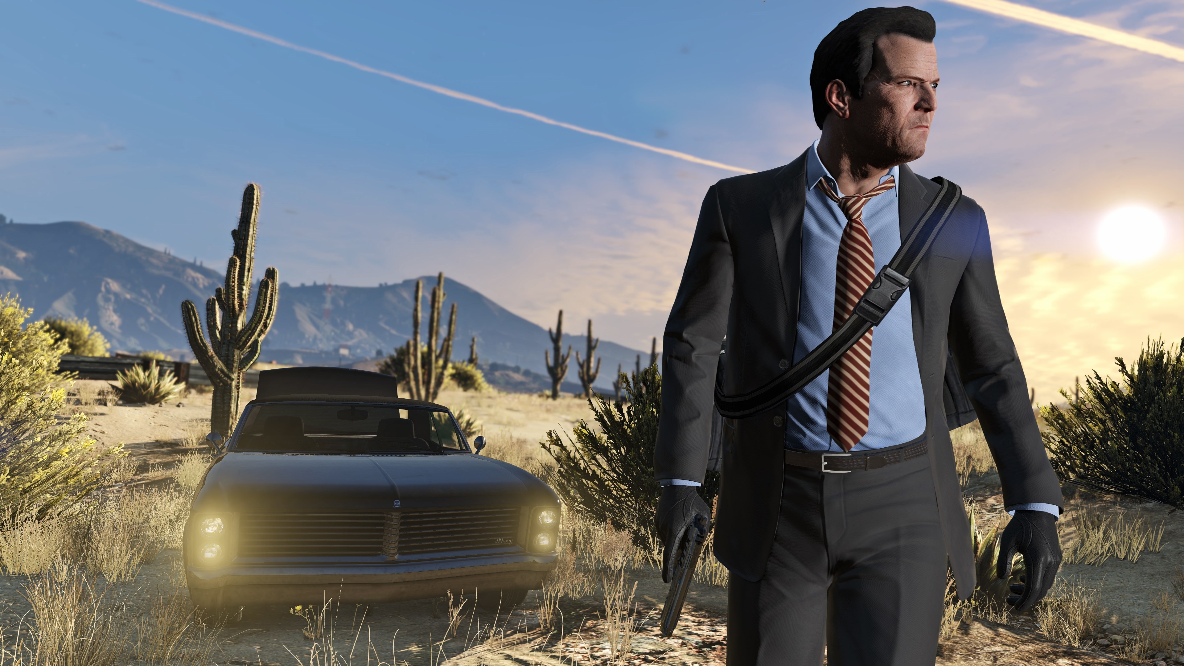 Michael De Santa in black suit, Black vintage convertible car, Desert with saguaro cacti, Grand Theft Auto V render, 4K Desktop wallpaper