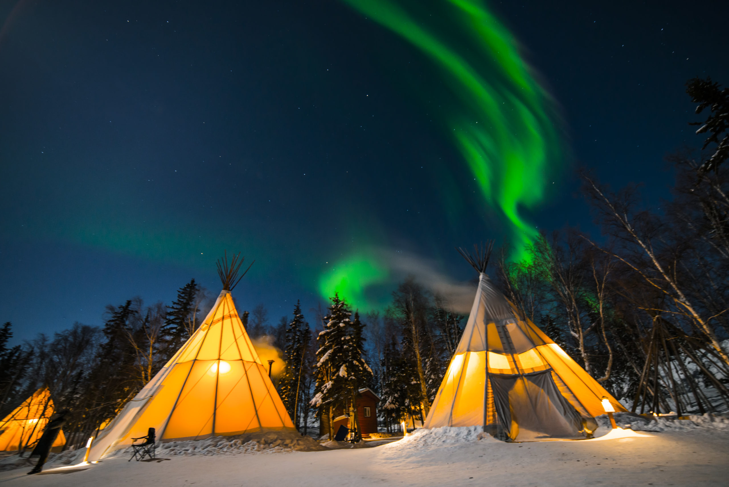 Green Aurora Borealis, Illuminated tipi camp, Snowy Alaska winter forest, HD Desktop wallpaper
