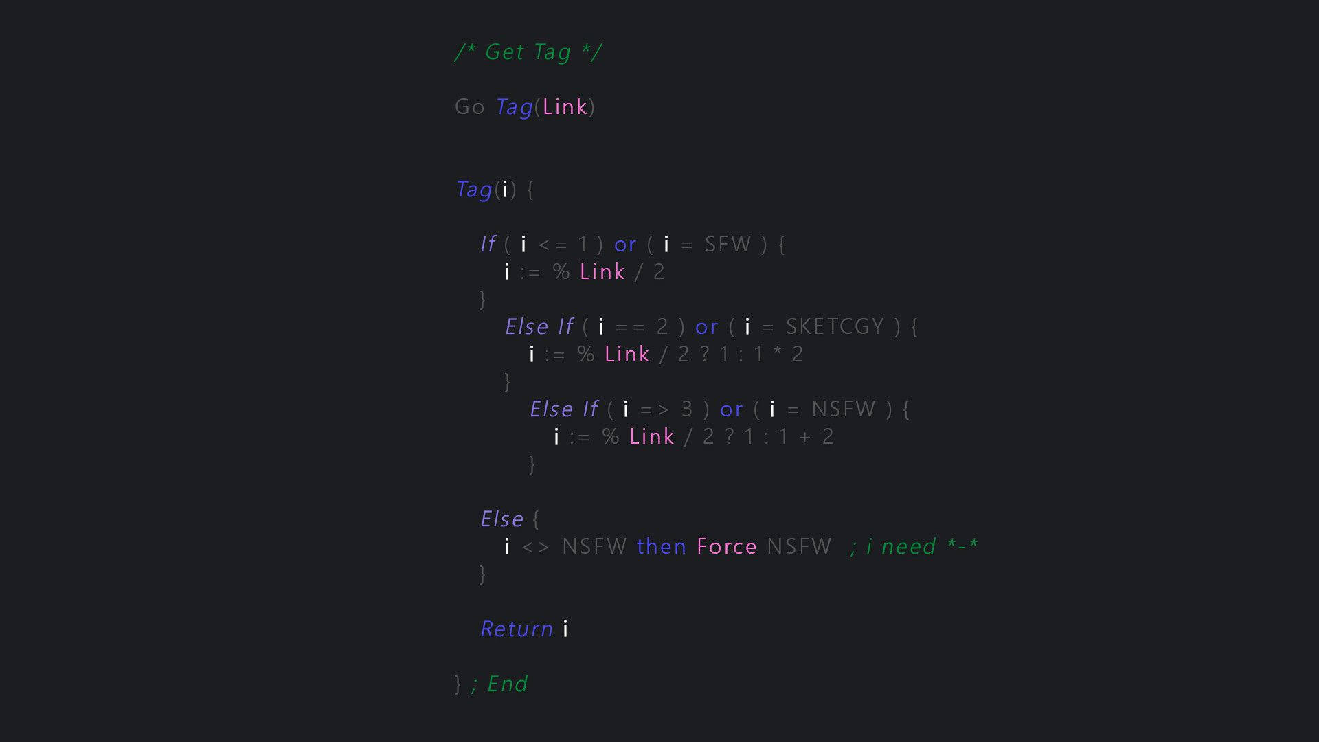 "Get Tag" code snippet, syntax highlighted script, minimalist dark background, Full HD Desktop wallpaper