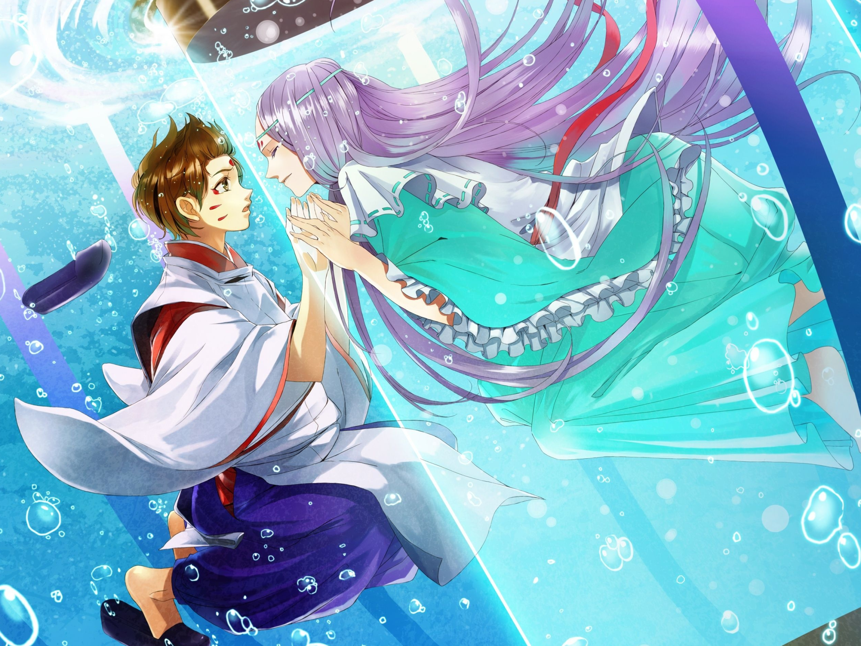 purple-haired anime maiden, boy in white kimono, underwater glass cylinder, HD Desktop wallpaper