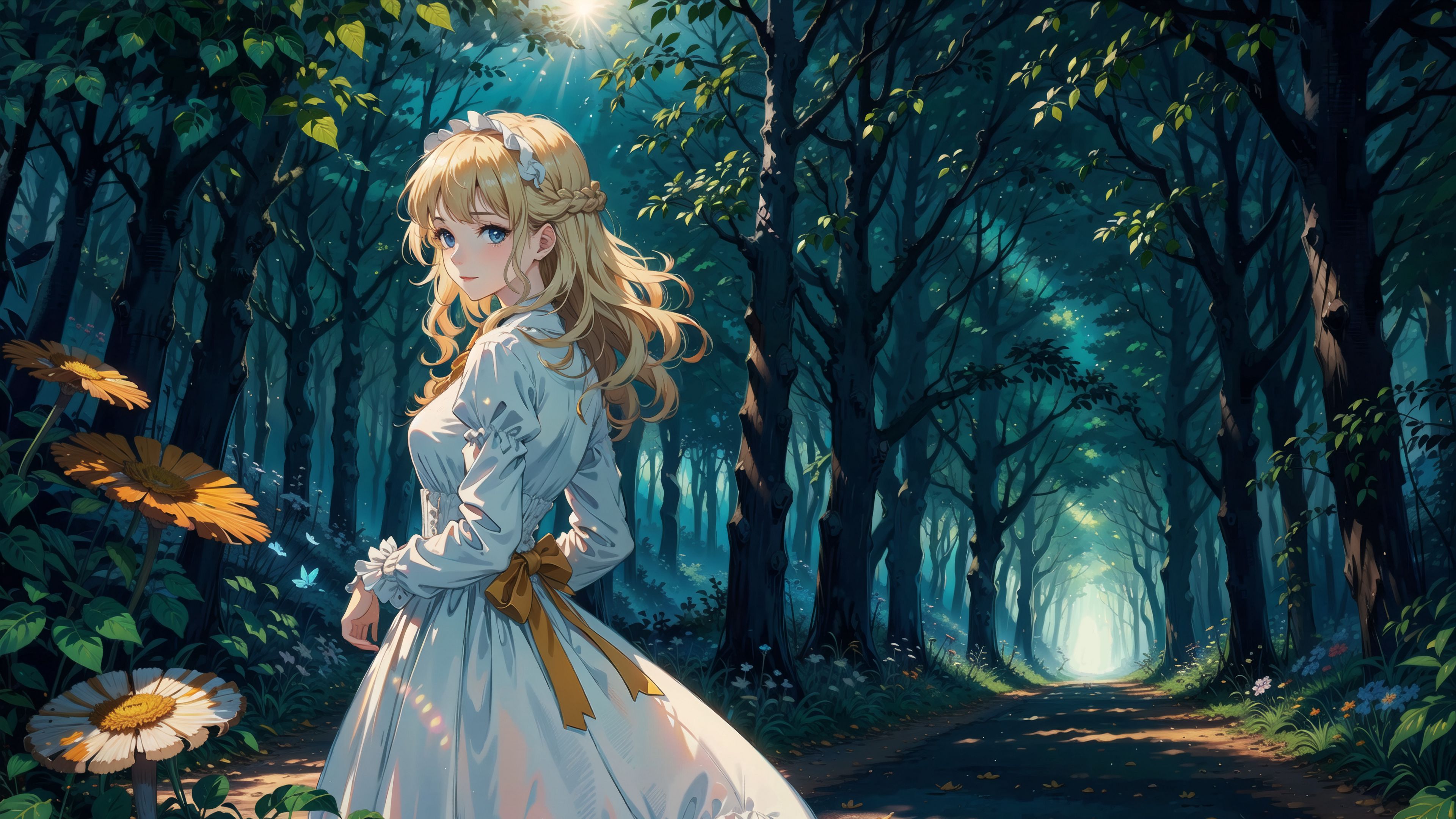 Anime girl in a white dress, Sunlit forest path, Oversized blooming flowers, 4K Desktop wallpaper