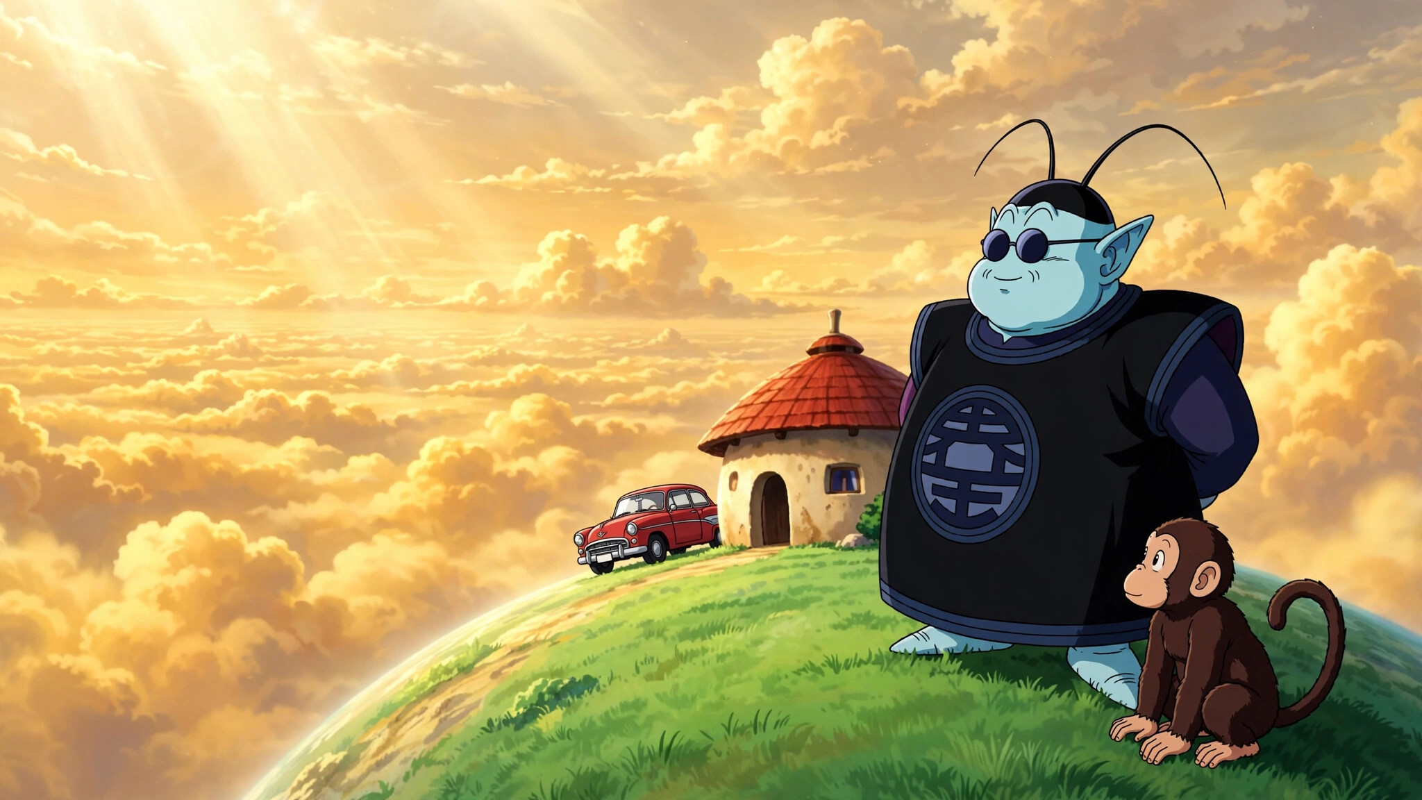 King Kai, Bubbles, King Kai's Planet, Round dark glasses, Red-roofed house and car, Golden cloudscape, Dragon Ball Z, HD Desktop wallpaper