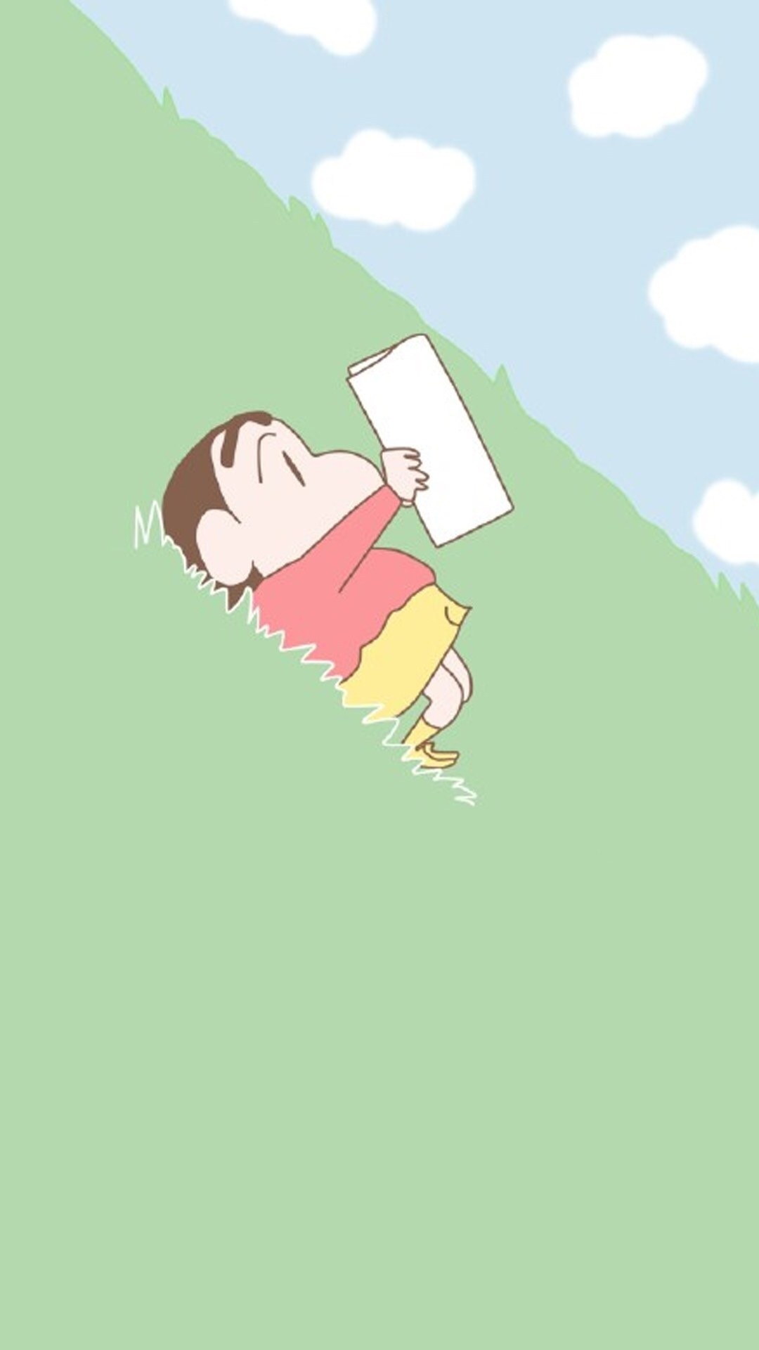 Shinnosuke Nohara, reading a book, grassy green hill, Full HD Phone wallpaper
