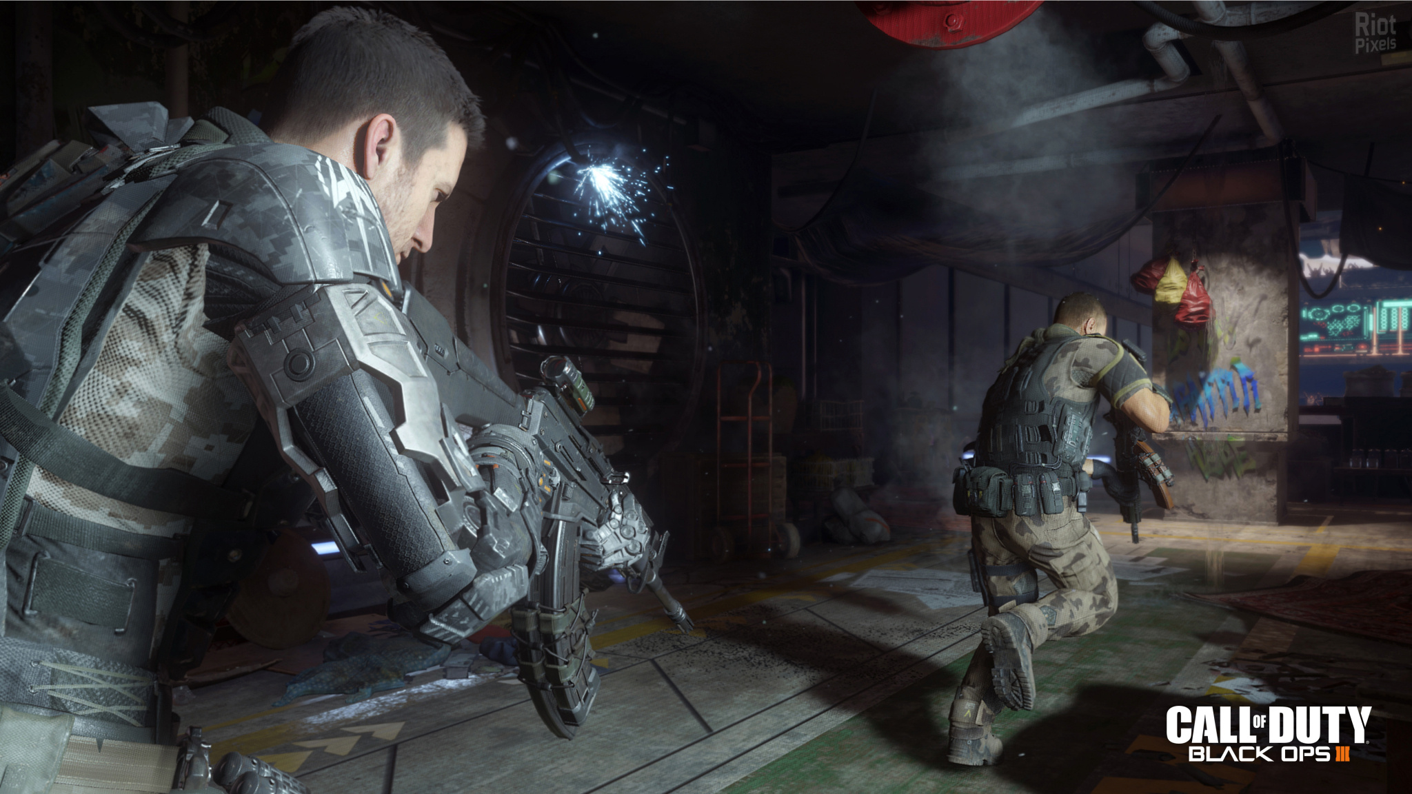 Call of Duty: Black Ops III logo, Cybernetic exoskeleton soldier, Futuristic assault rifle, HD Desktop wallpaper