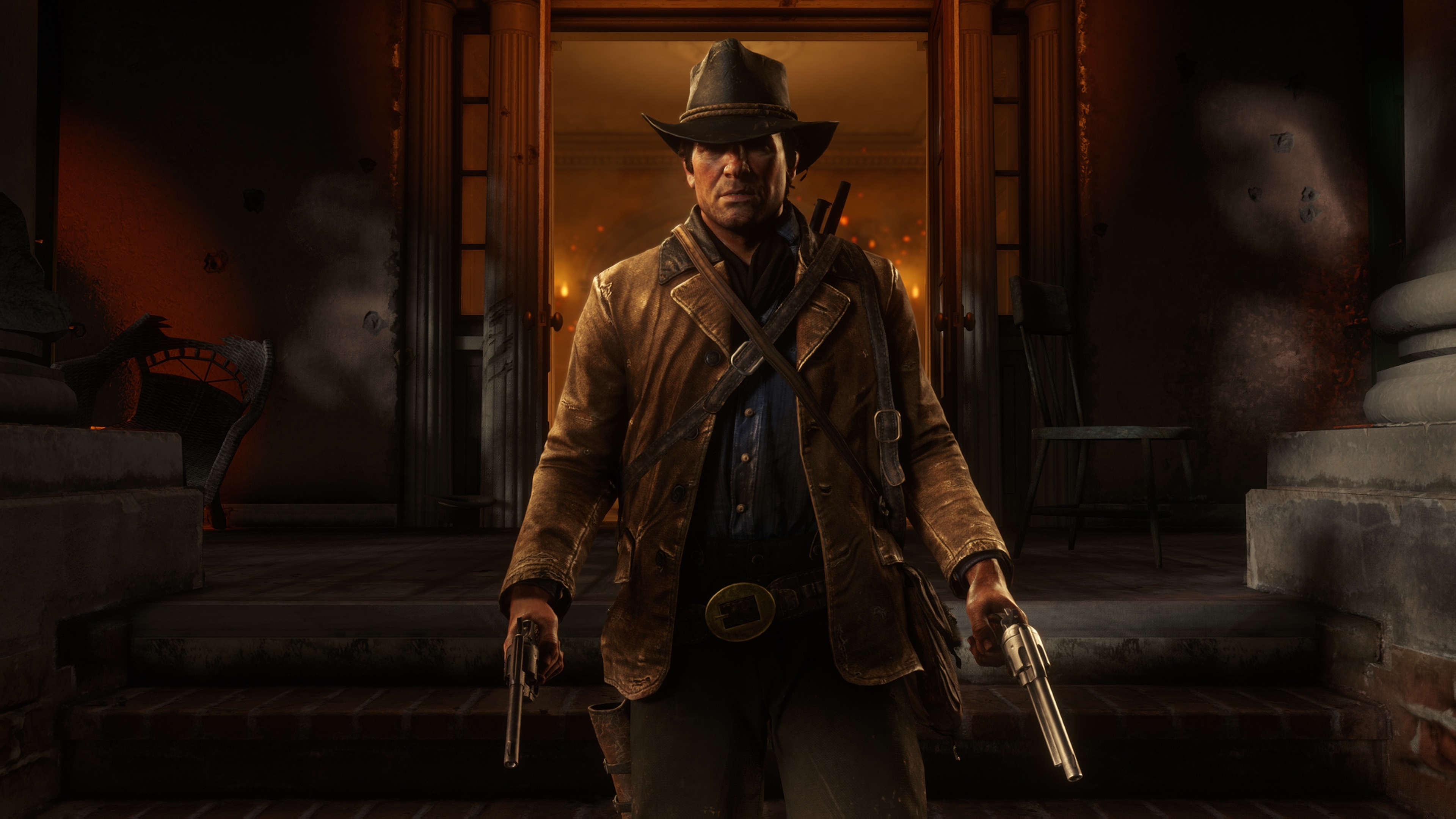 Arthur Morgan, Braithwaite Manor, dual-wielded revolvers, 4K Desktop wallpaper
