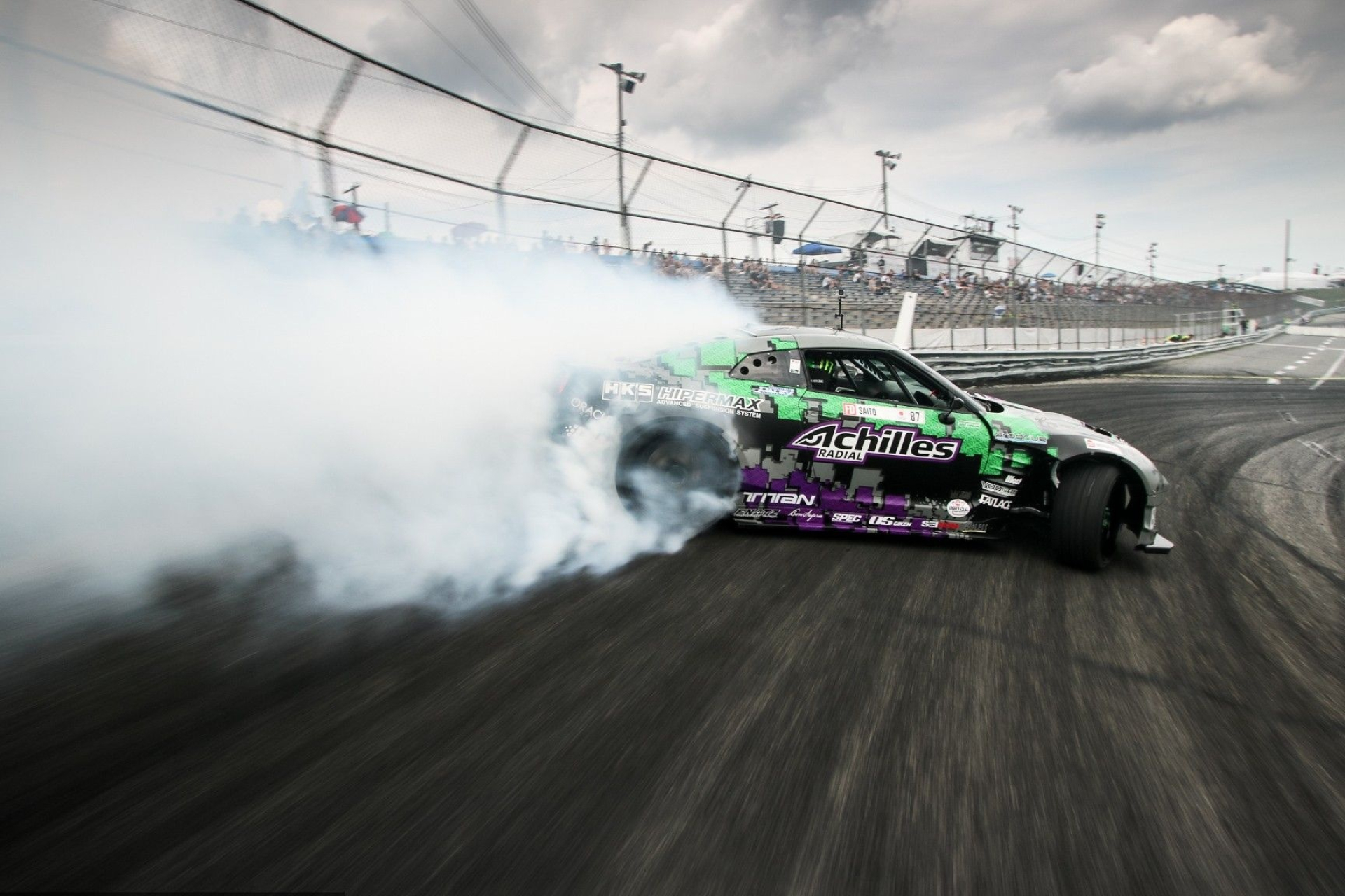 Daigo Saito Nissan GT-R, Achilles Radial livery, banked asphalt drift track, HD Desktop wallpaper