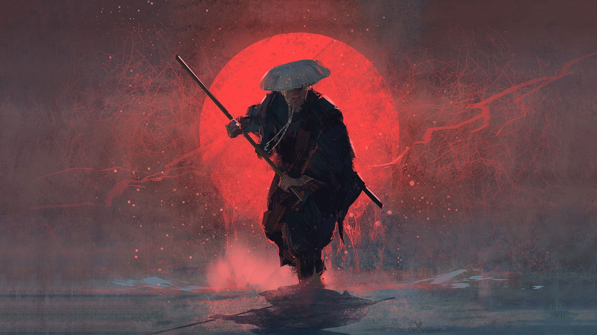 wandering ronin with kasa, glowing red sun, misty reflective ground, Full HD Desktop wallpaper