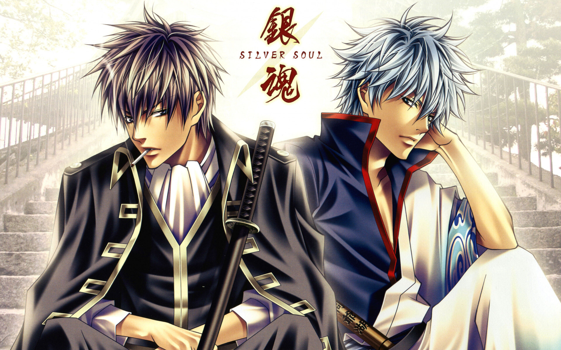 Cigarette ladder characters, Gintama Hijikata Toushirou, Sakata Gintoki, Seinen anime, 1920x1200 HD Desktop