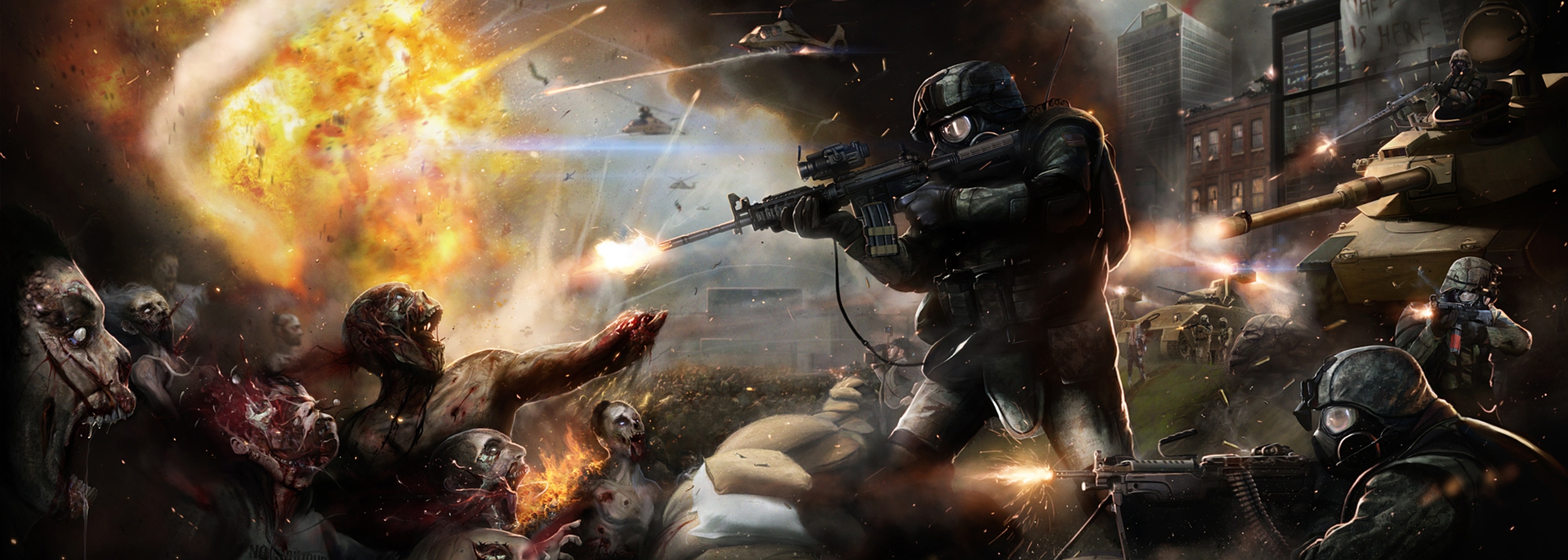 World War Z, Sci-fi horror, Zombies, Apocalyptic setting, 3360x1200 Dual Screen Desktop