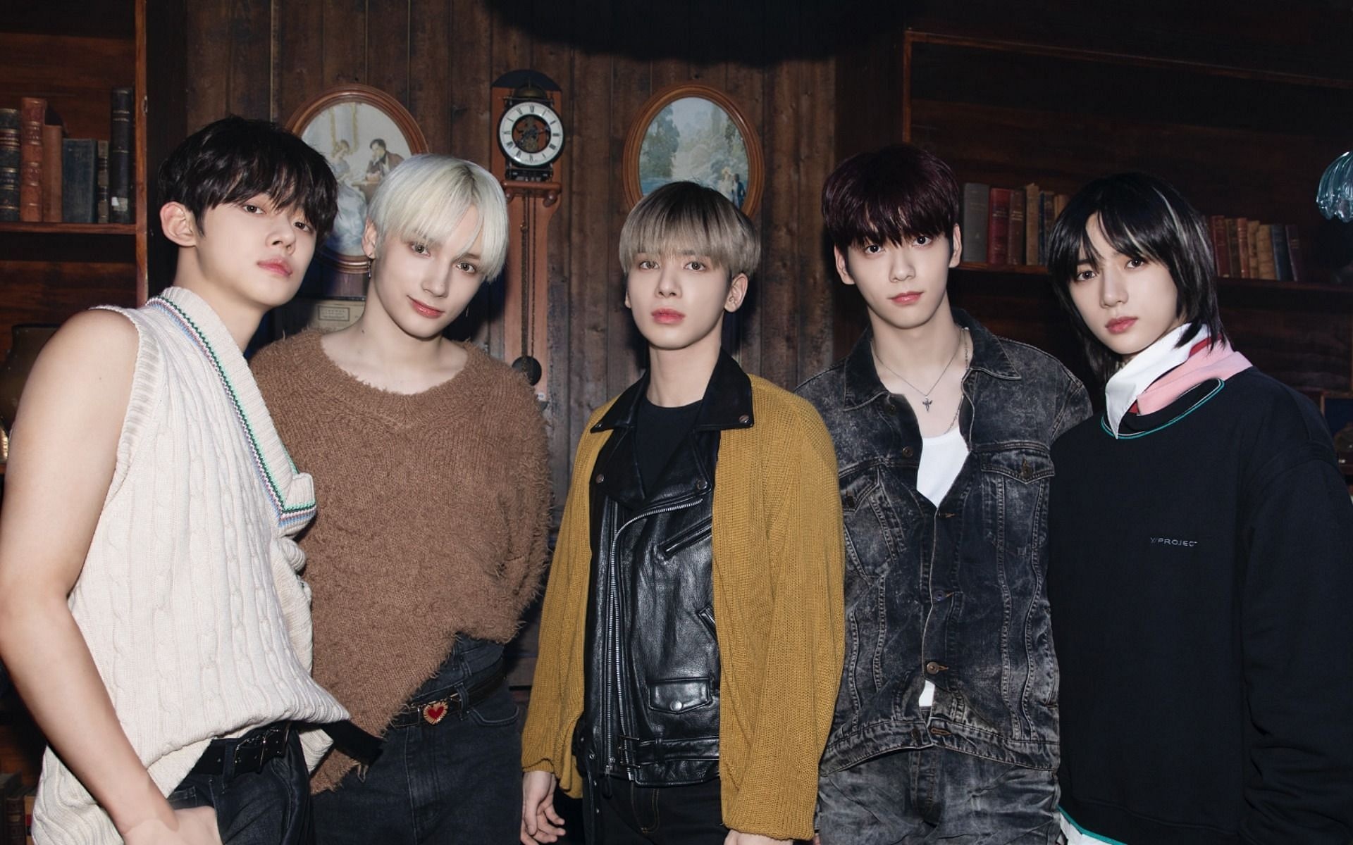Tomorrow X Together, TXT boy band members, Vintage wooden library interior, HD Desktop wallpaper