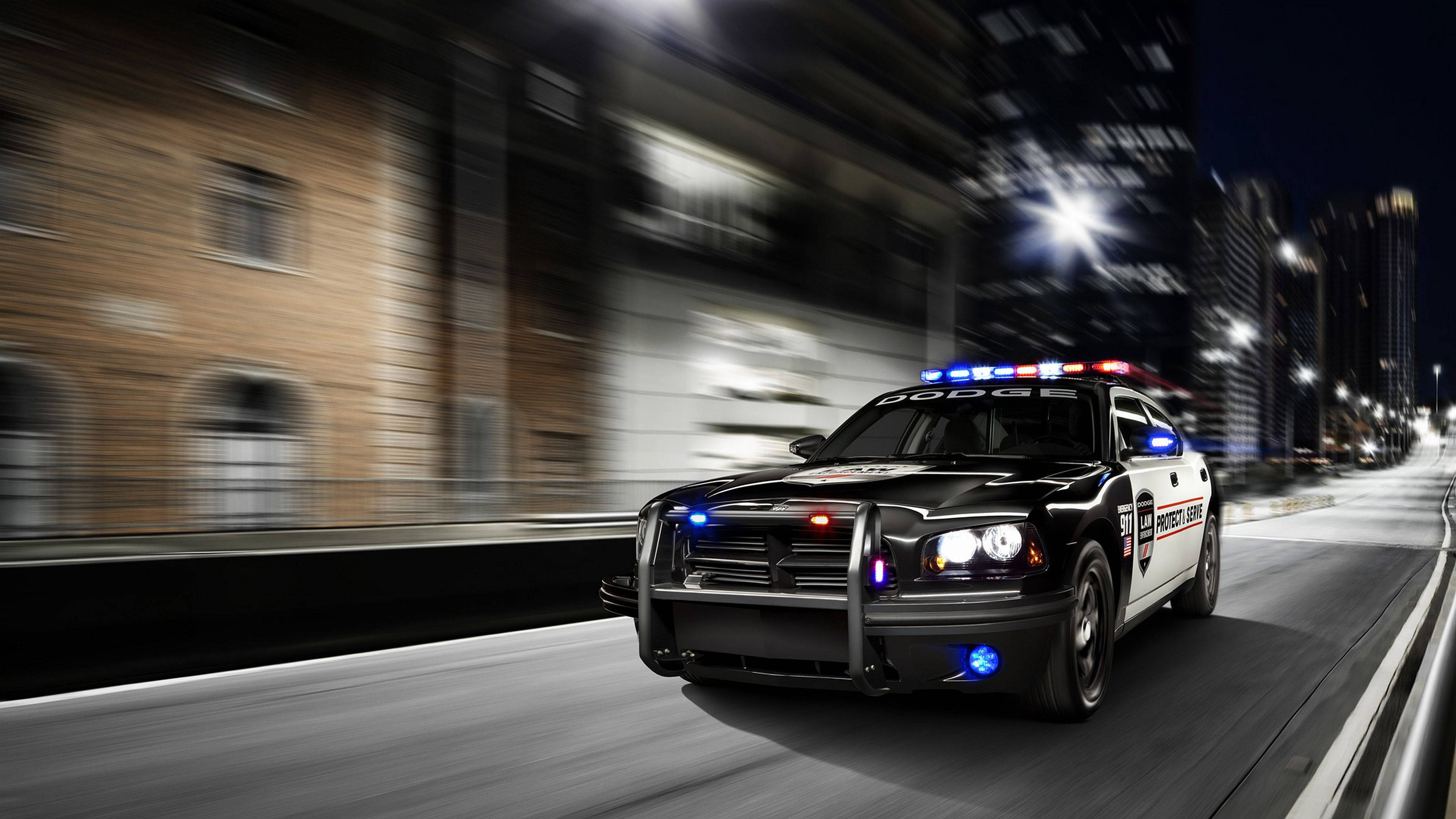 Dodge Charger Pursuit, Flashing emergency lightbar, Night city motion blur, 4K Desktop wallpaper