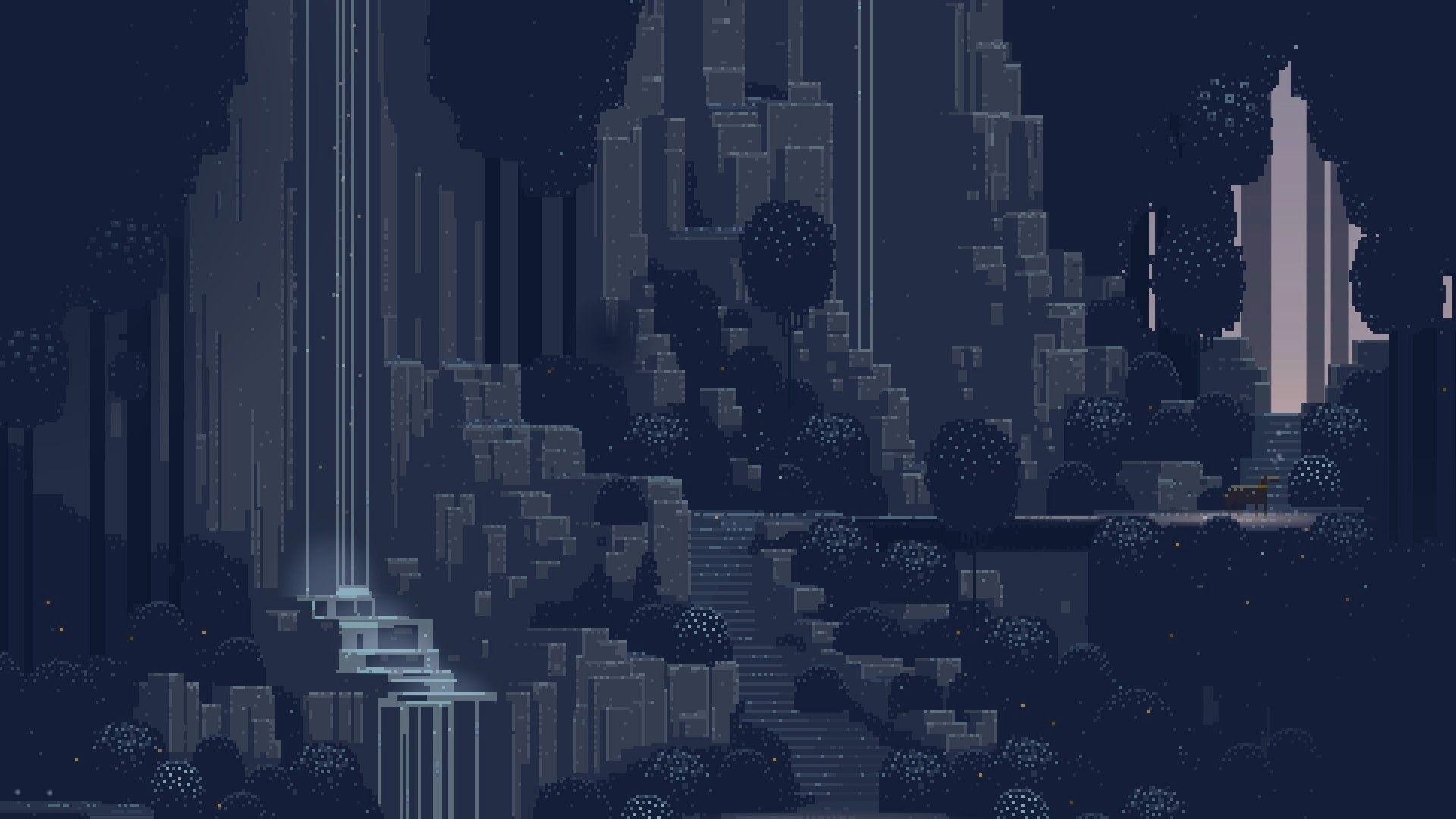 Superbrothers Sword & Sworcery, pixel art upright piano, blocky waterfall ruins, Full HD Desktop wallpaper