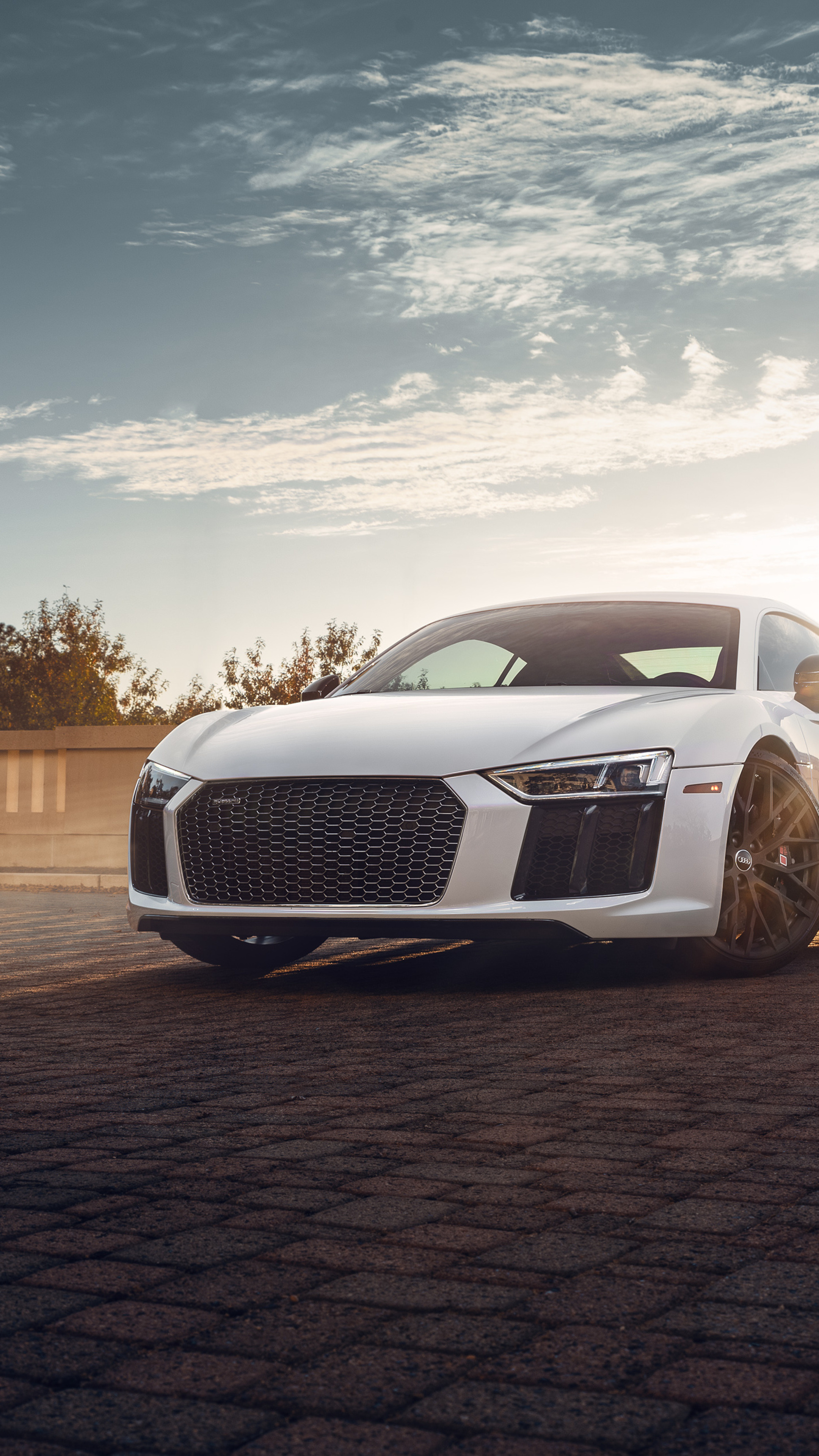 white Audi R8, honeycomb mesh grille, cobblestone paved ground, 4K Phone wallpaper