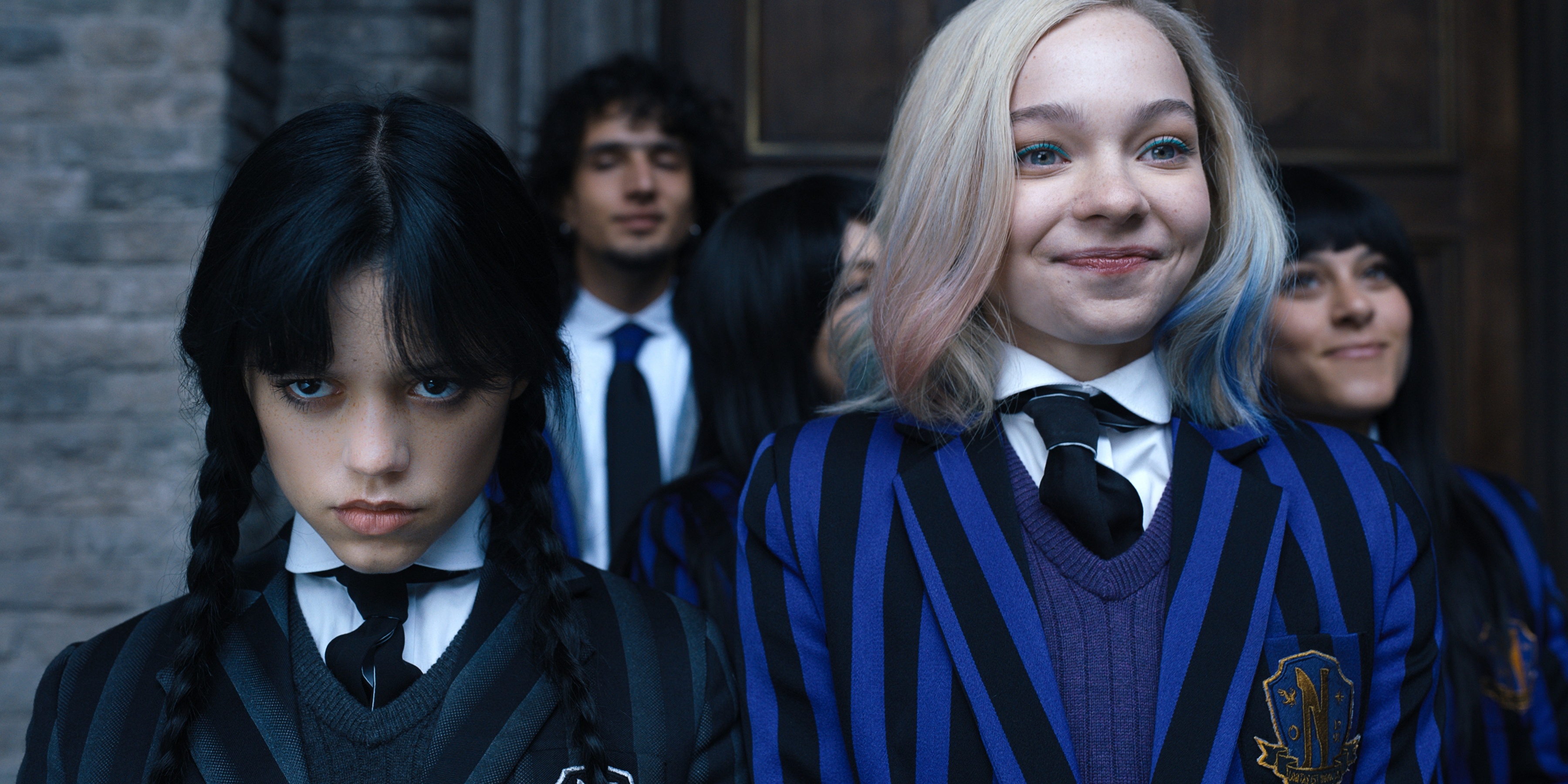 Wednesday Addams, Enid Sinclair, Nevermore Academy uniform, Dual Screen Desktop wallpaper