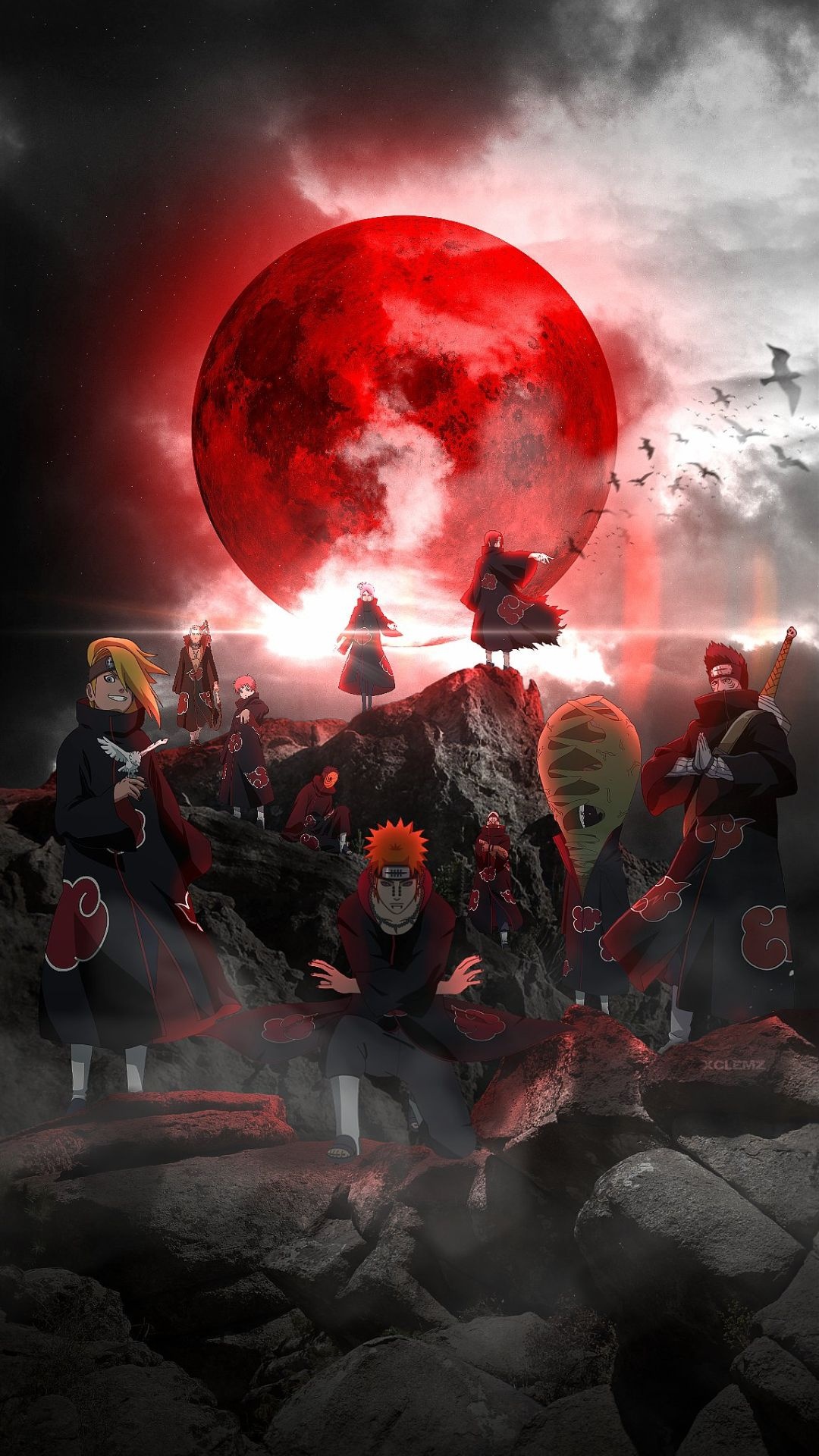 Deva Path Pain, Itachi Uchiha, Kisame Hoshigaki, Deidara, giant red moon, Full HD Phone wallpaper