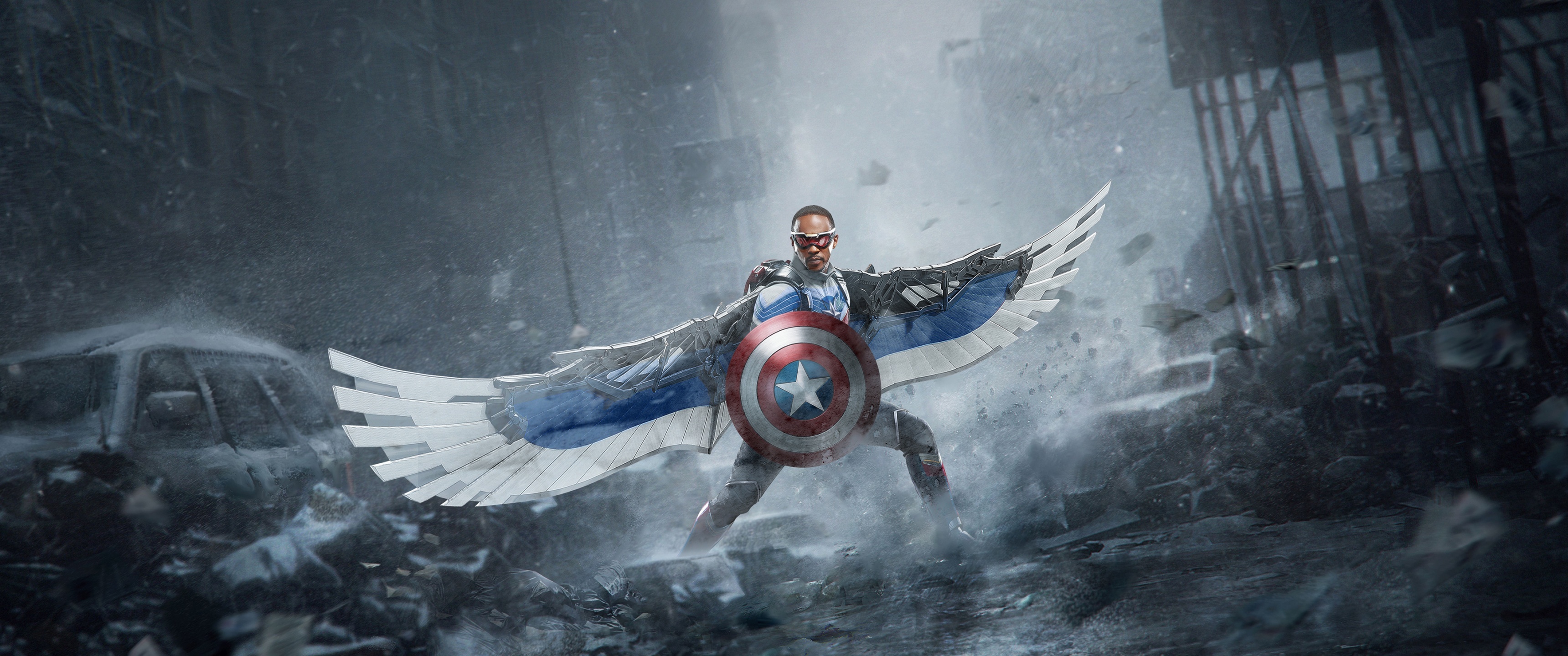 Sam Wilson Captain America, Captain America shield, mechanical wings, Dual Screen Desktop wallpaper