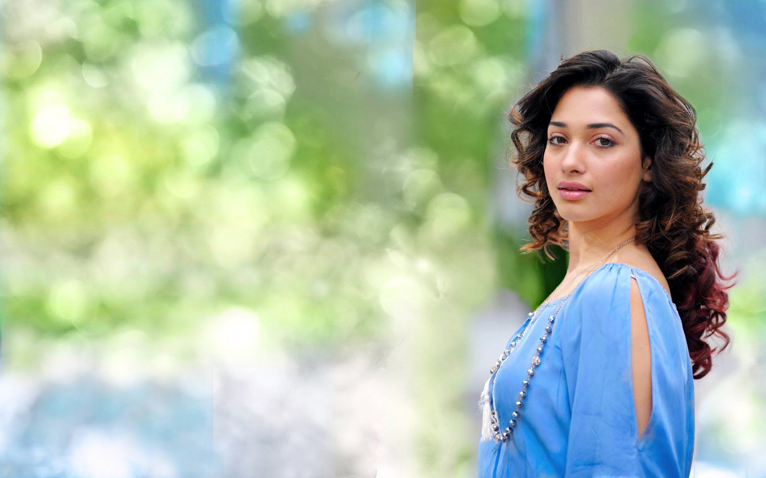 Tamannaah Bhatia, Blue cold-shoulder top, Green bokeh background, HD Desktop wallpaper