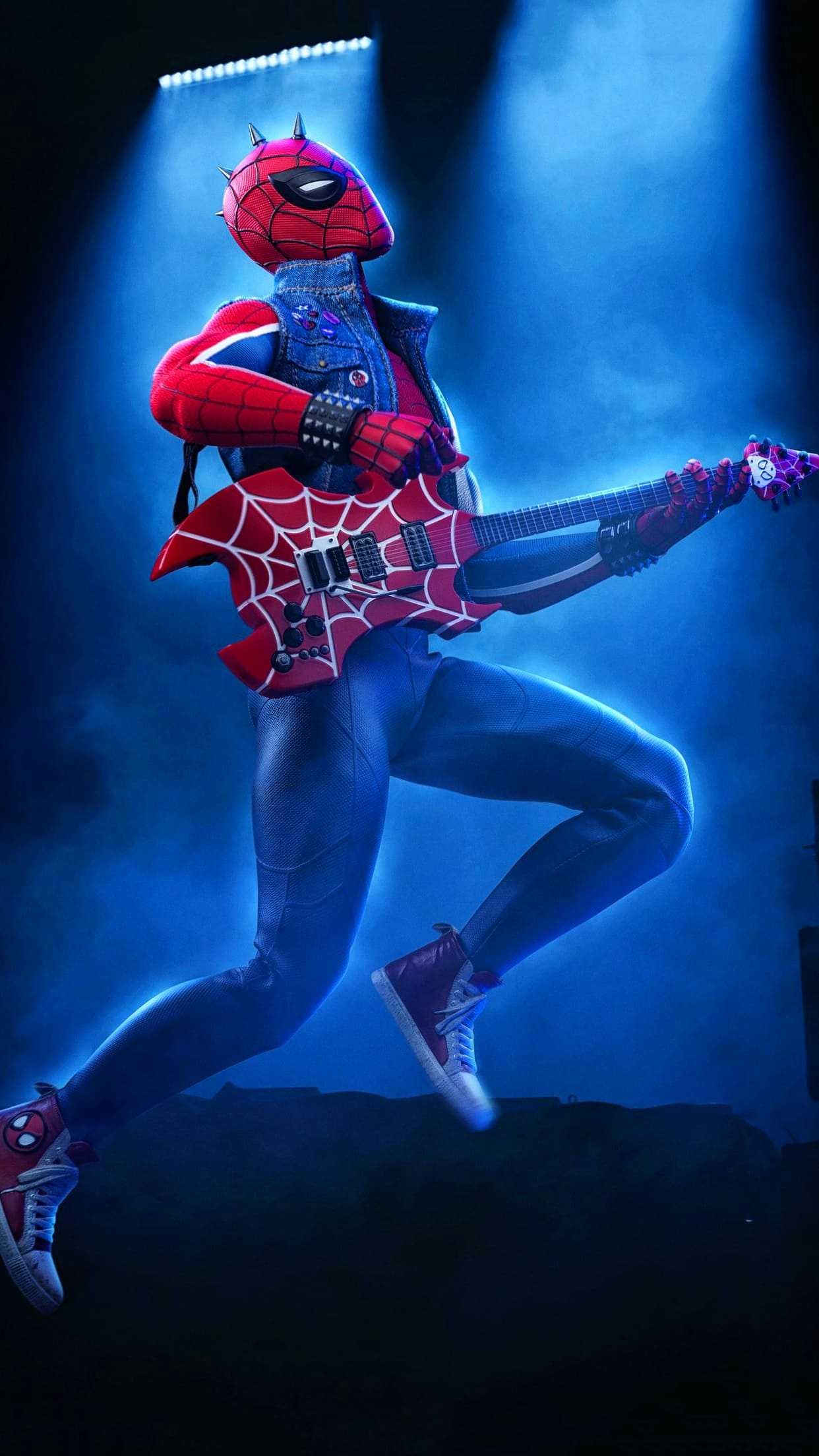 Marvel's Spider-Man, Spider-Punk (Hobie Brown), Spider-Man, Blue stage spotlights, Spiked mask and vest, Mid-air guitar pose, HD Phone wallpaper